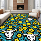 Whimsical Yellow Cow Floral Field Rug