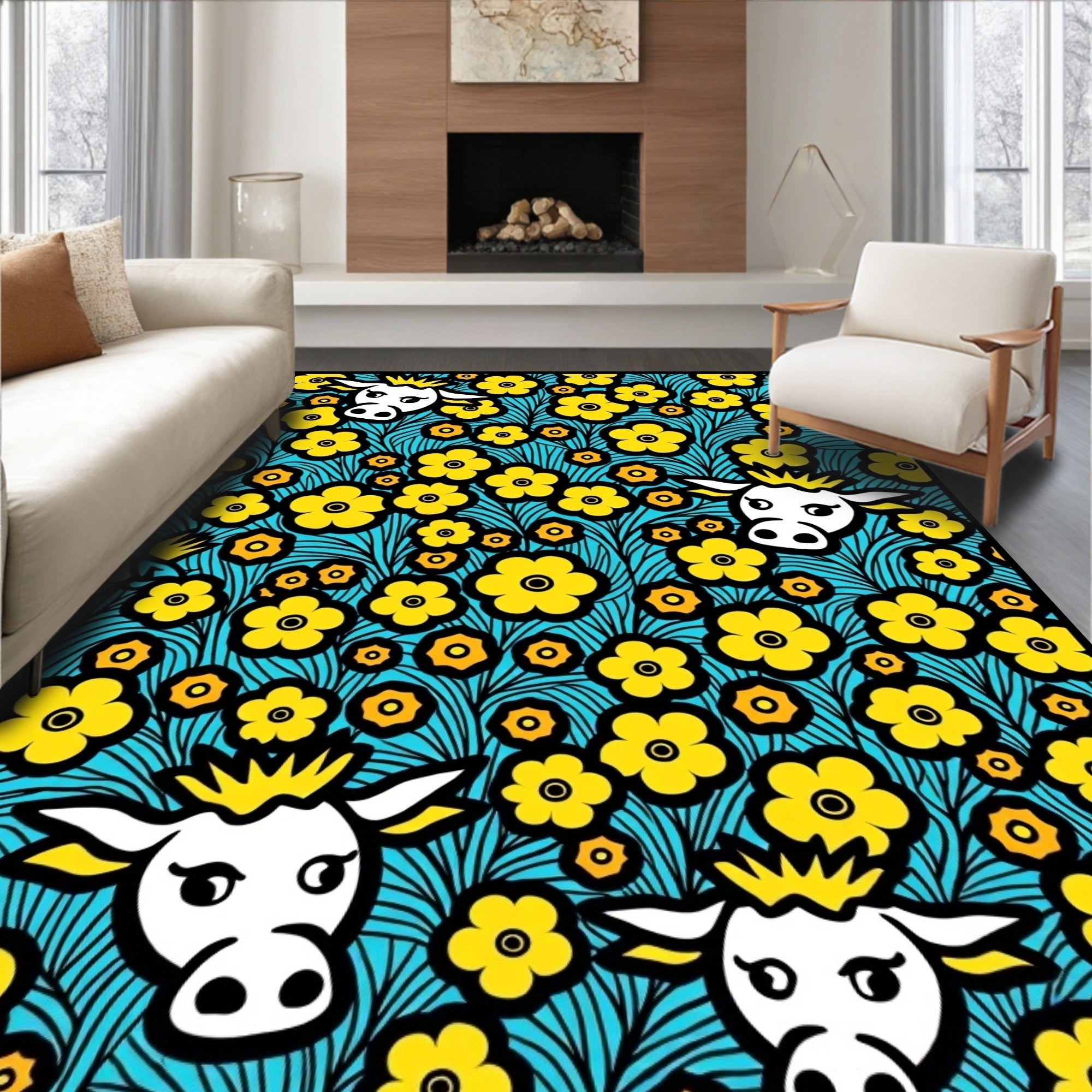 Whimsical Yellow Cow Floral Field Rug