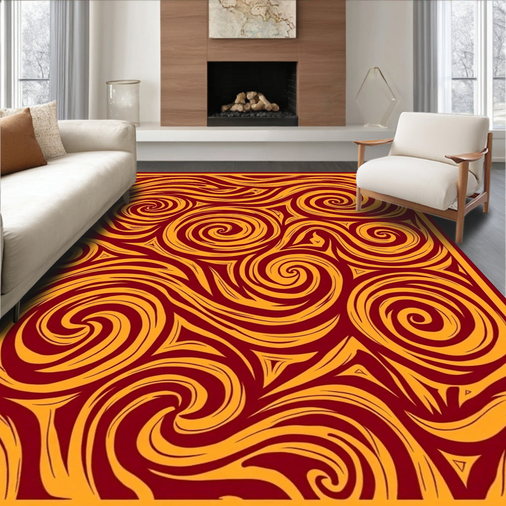 Crimson Gold Swirling Abstraction Rug