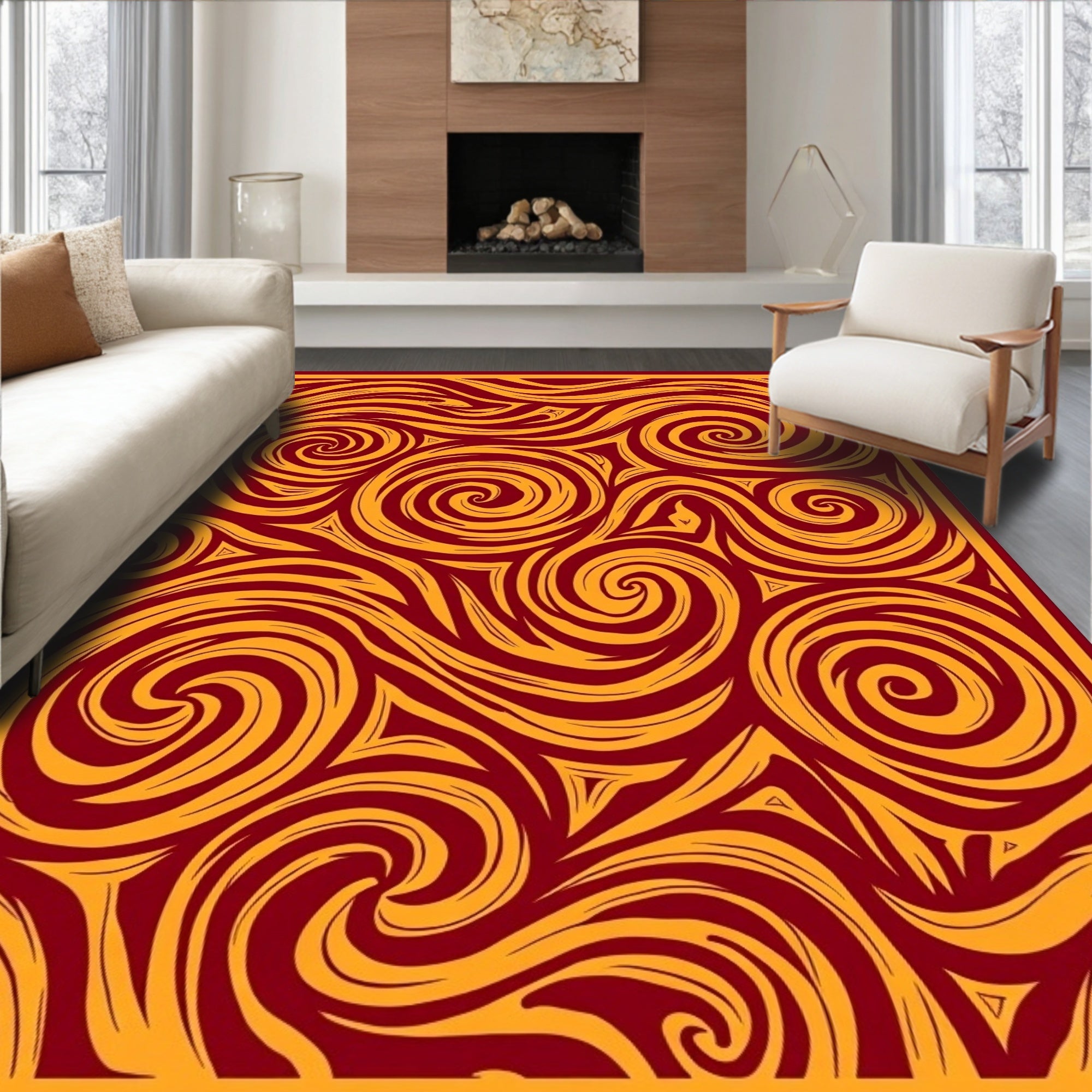 Crimson Gold Swirling Abstraction Rug