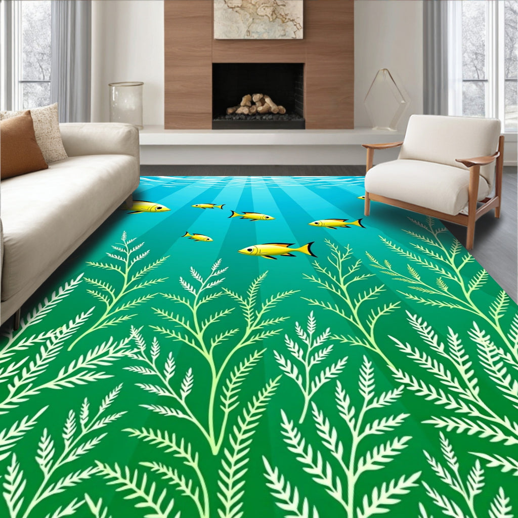 Sunny Yellow Fish Teal Underwater Scene Rug