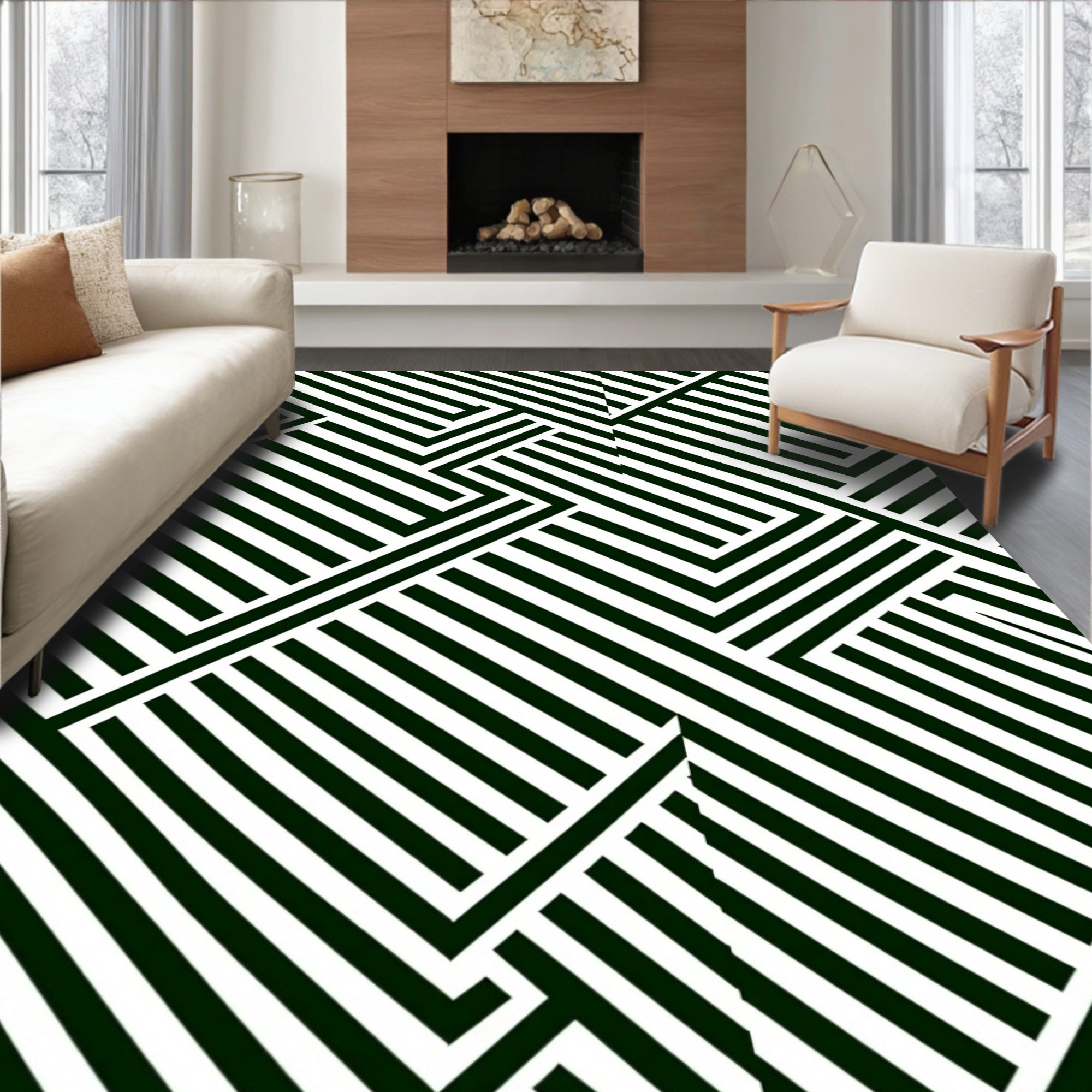 Modern Black and White Geometric Lines Rug