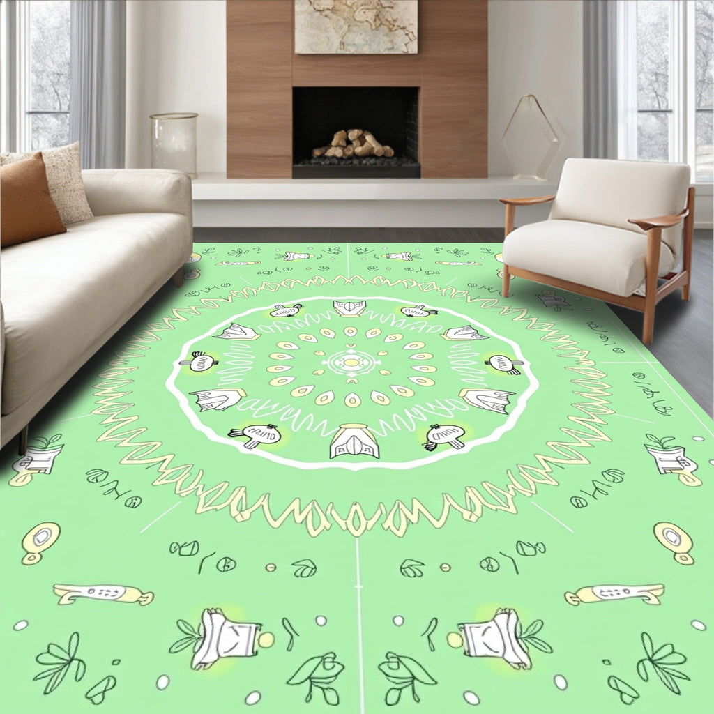 Pastel Green Whimsical Bird Mandala Rug
