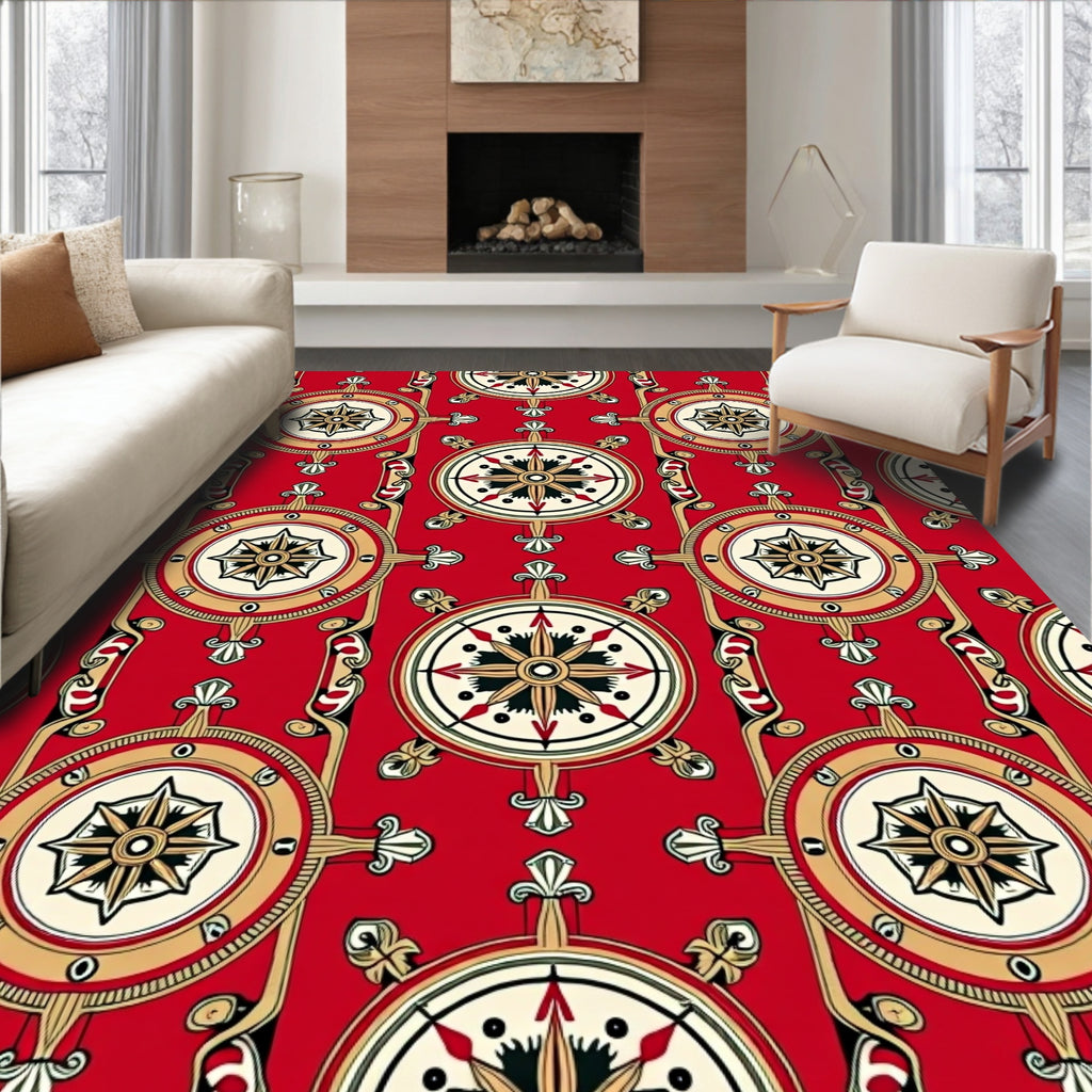 Crimson Red Nautical Compass Medallion Rug