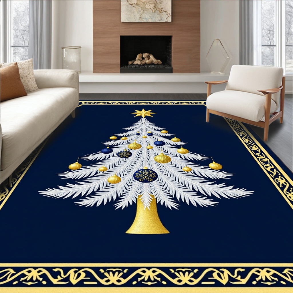 Festive White Christmas Tree Gold Ornaments Rug