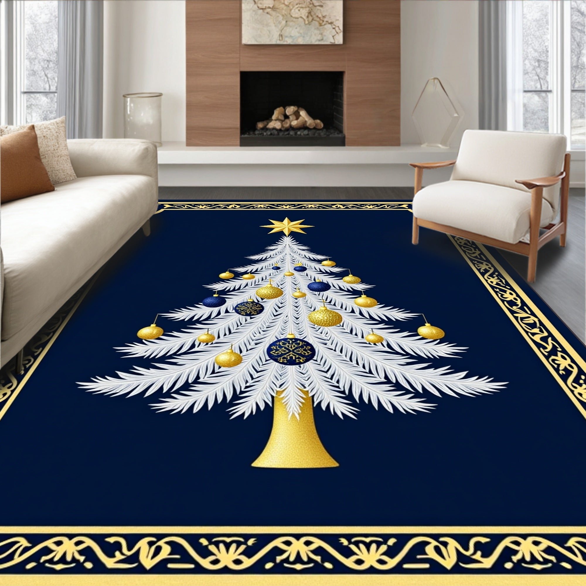Festive White Christmas Tree Gold Ornaments Rug