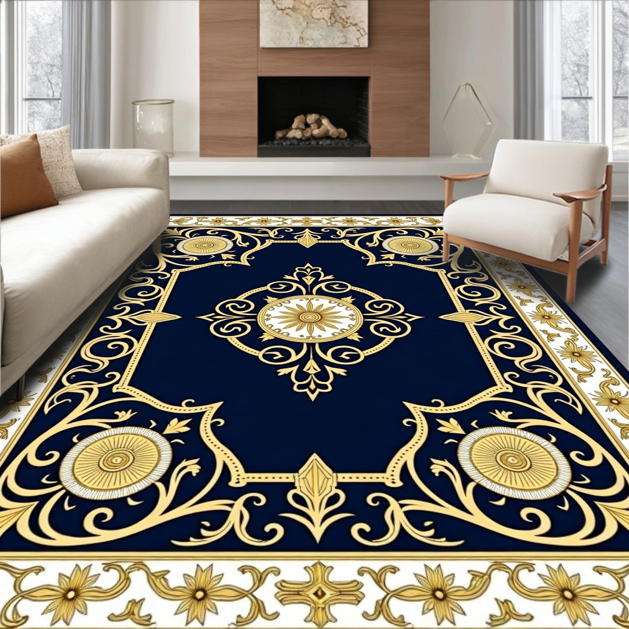 Regal Navy Gold Gilded Floral Medallion Rug