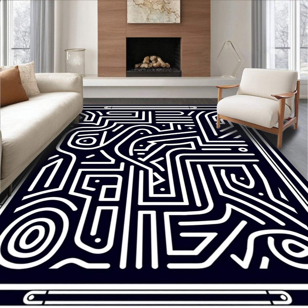 Navy White Labyrinth Lines Rug
