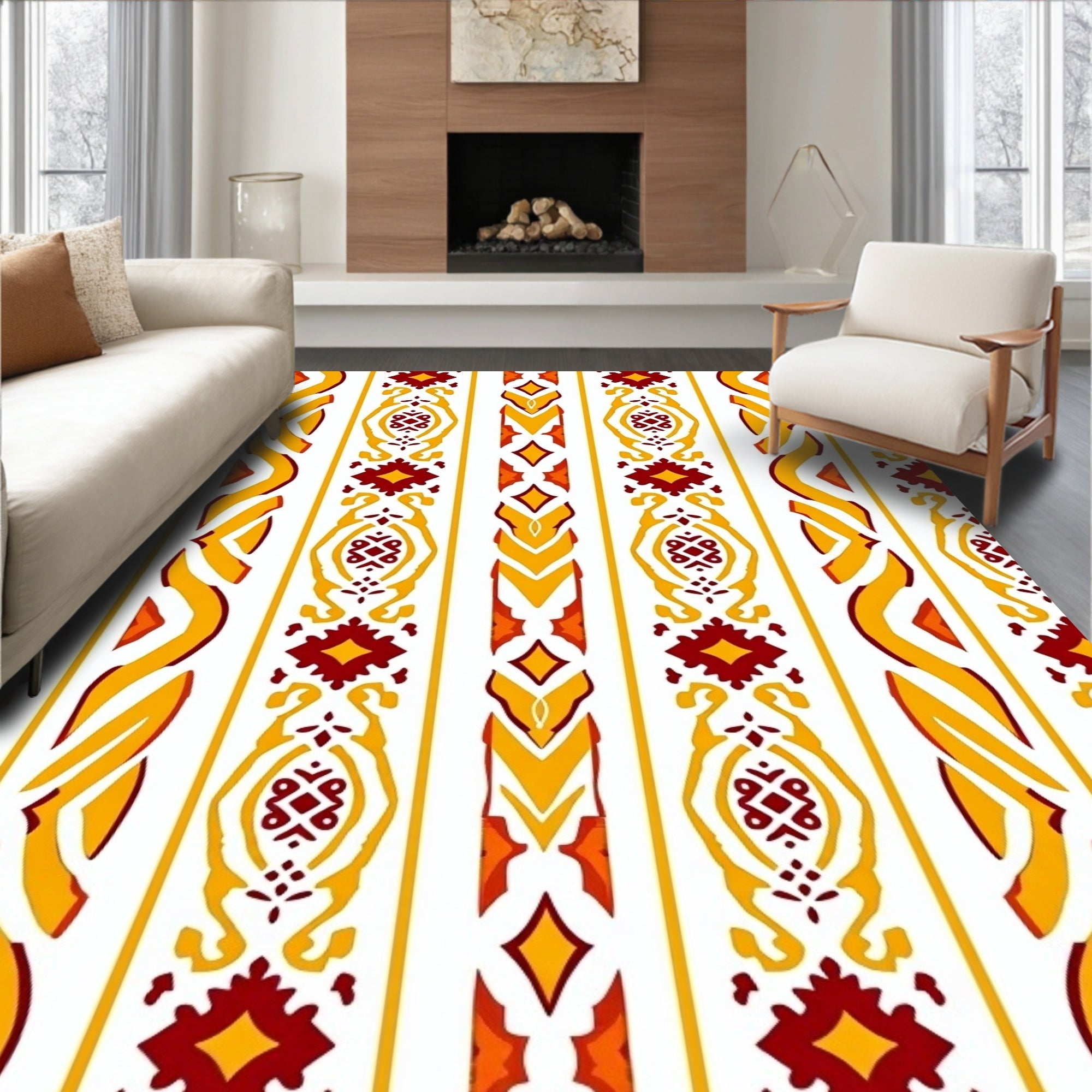 Crimson Yellow Vertical Ikat Stripes Rug