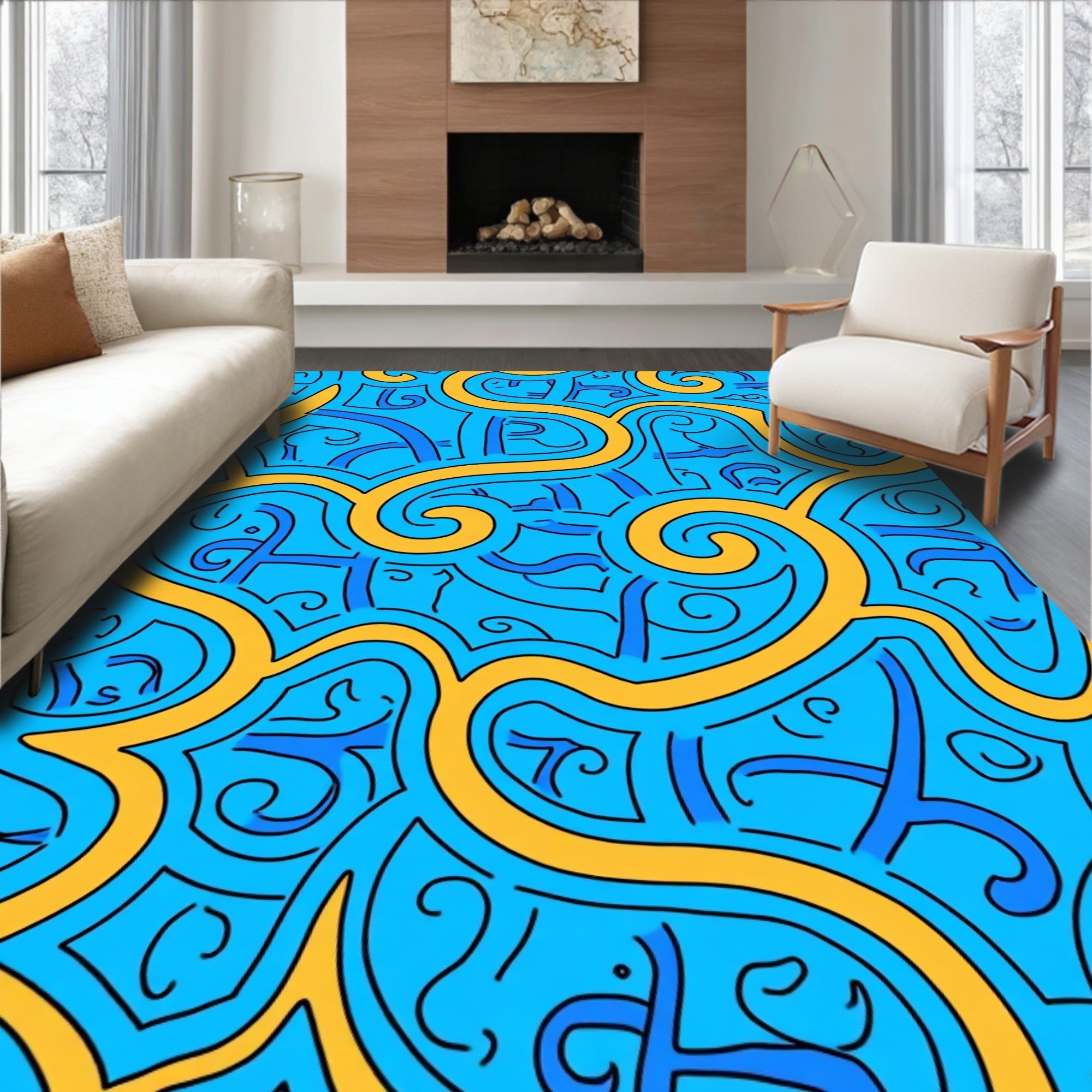 Bright Blue Yellow Abstract Swirl Rug