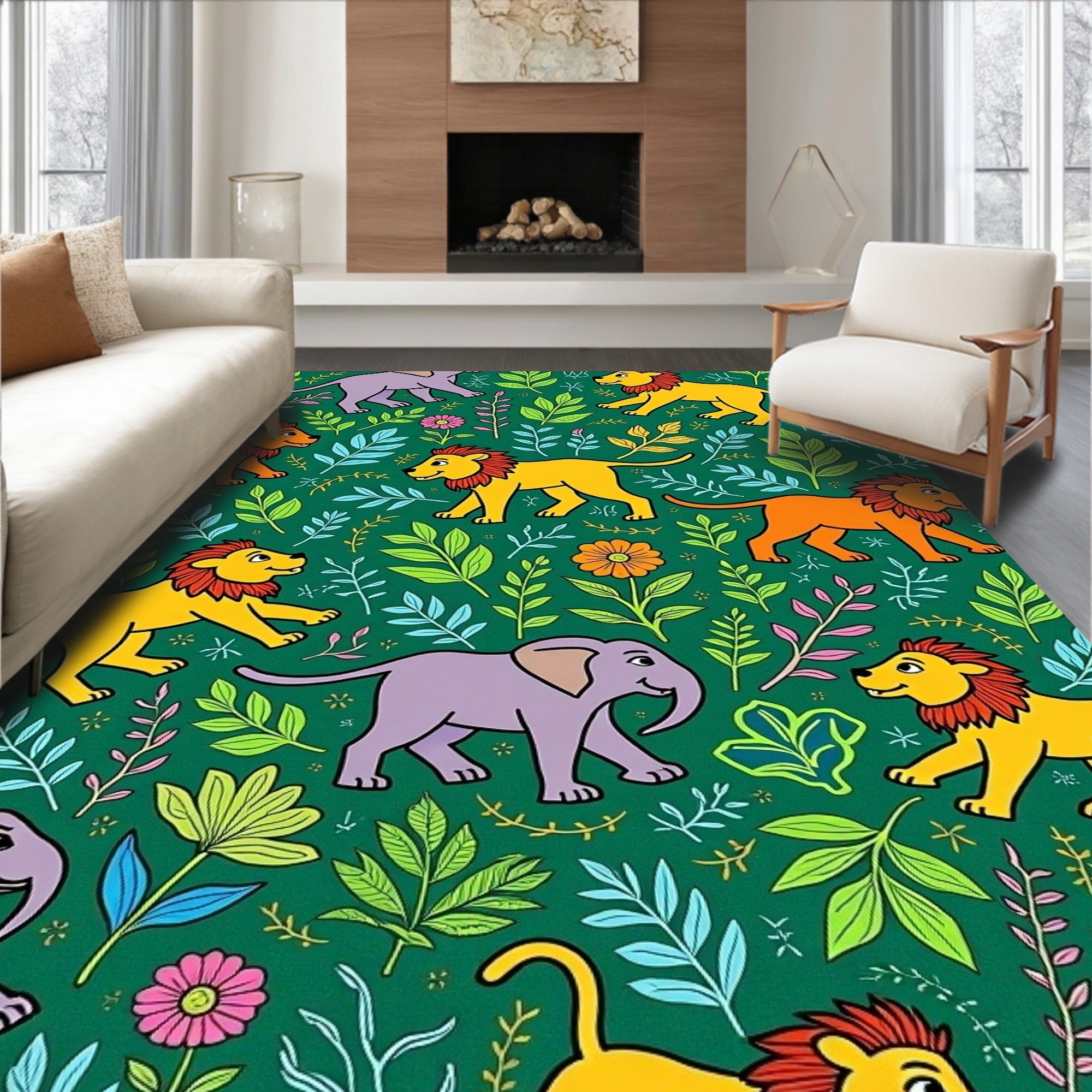 Jungle Lions Elephants Floral Garden on Green Rug
