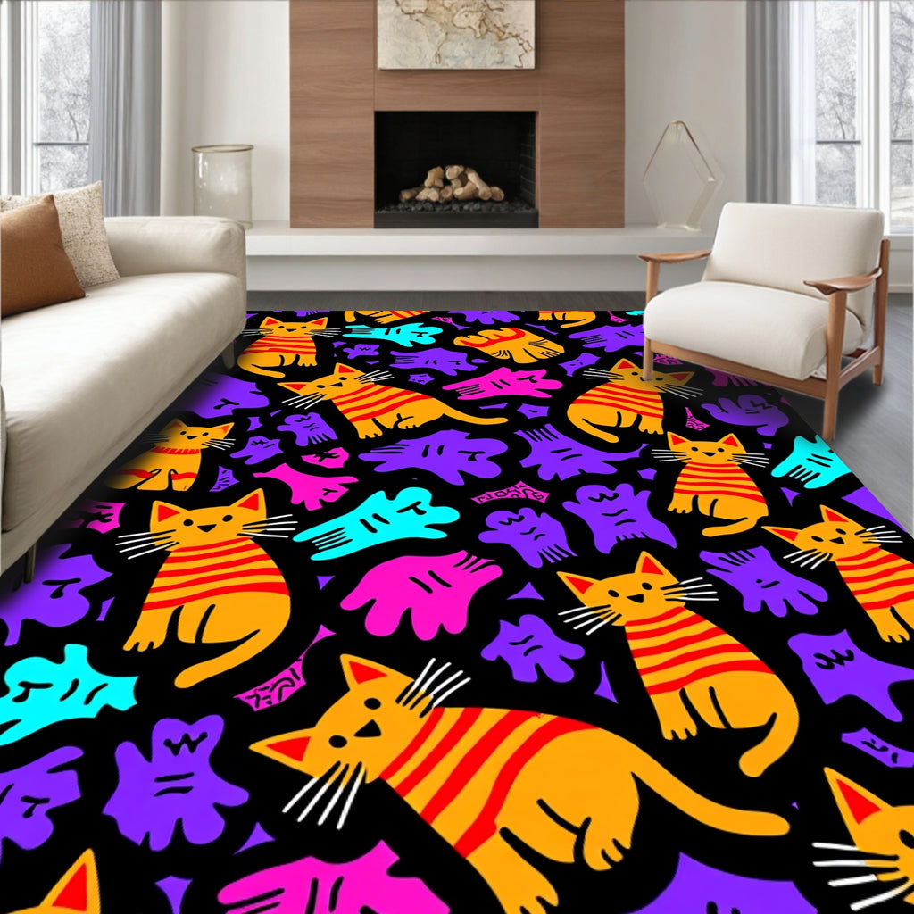 Orange Striped Cats Purple Blob Collage Rug