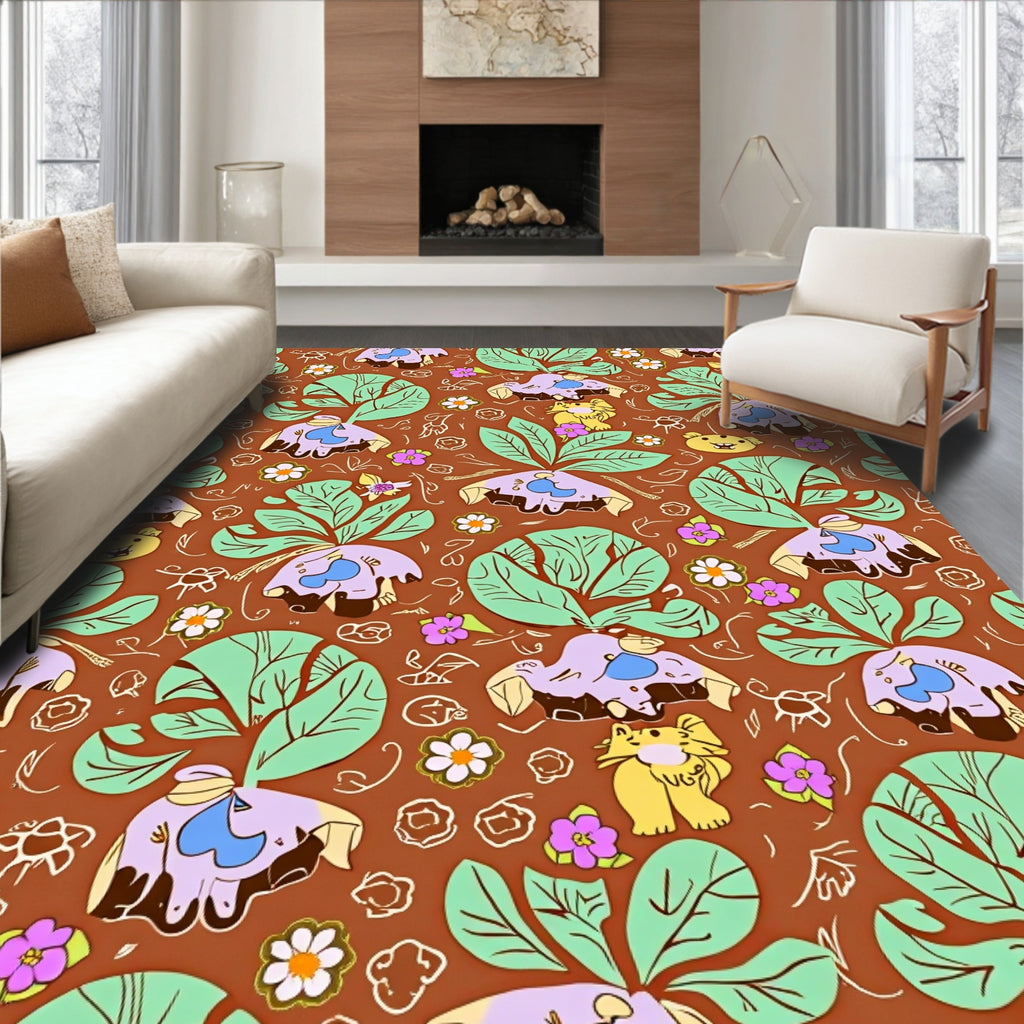 Whimsical Earthy Floral Critter Garden Rug