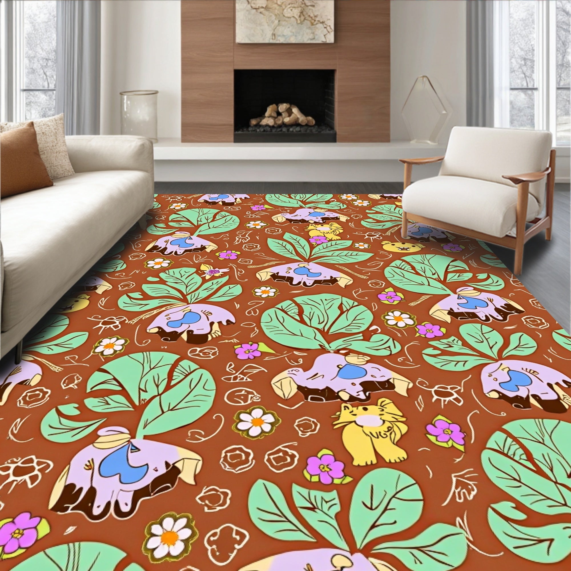 Whimsical Earthy Floral Critter Garden Rug