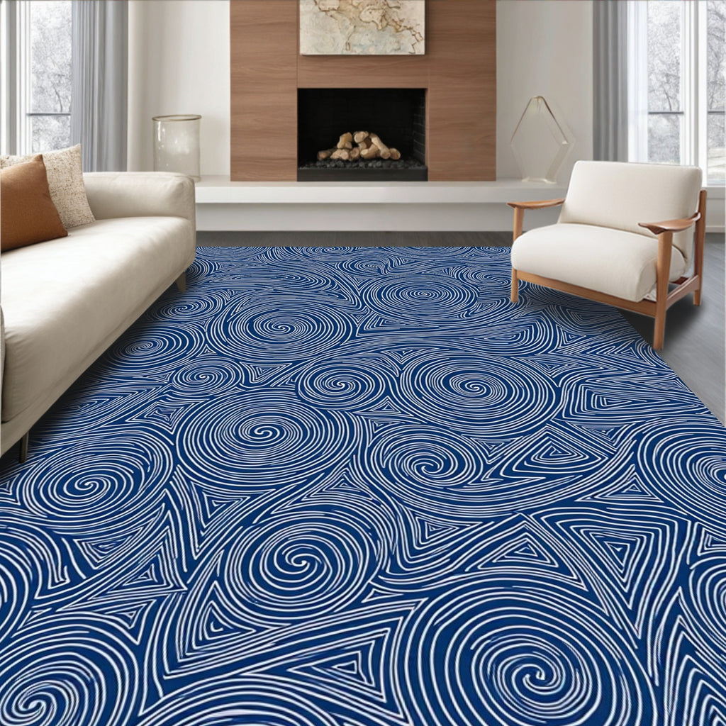 Dark Blue Swirling Line Art Rug