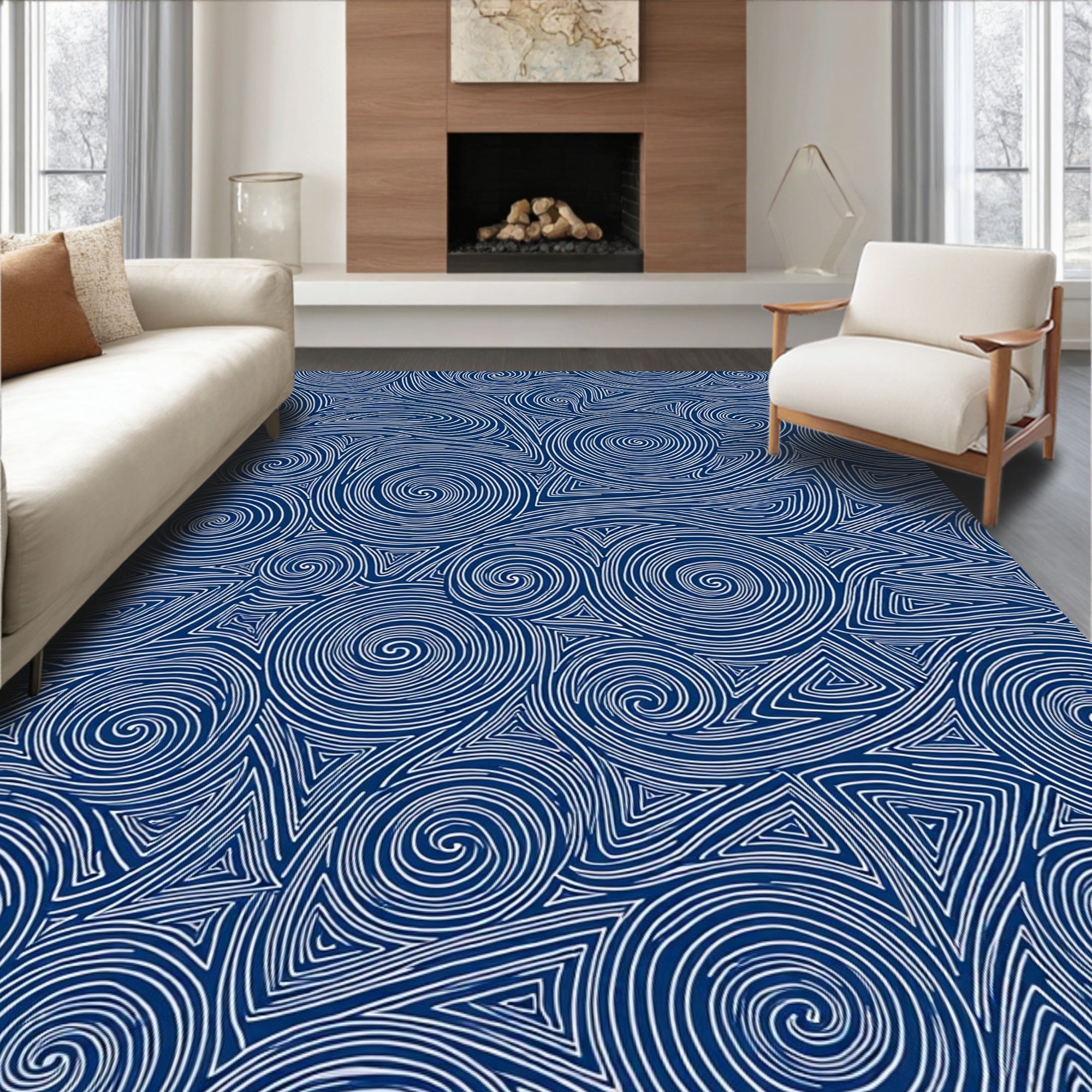 Dark Blue Swirling Line Art Rug