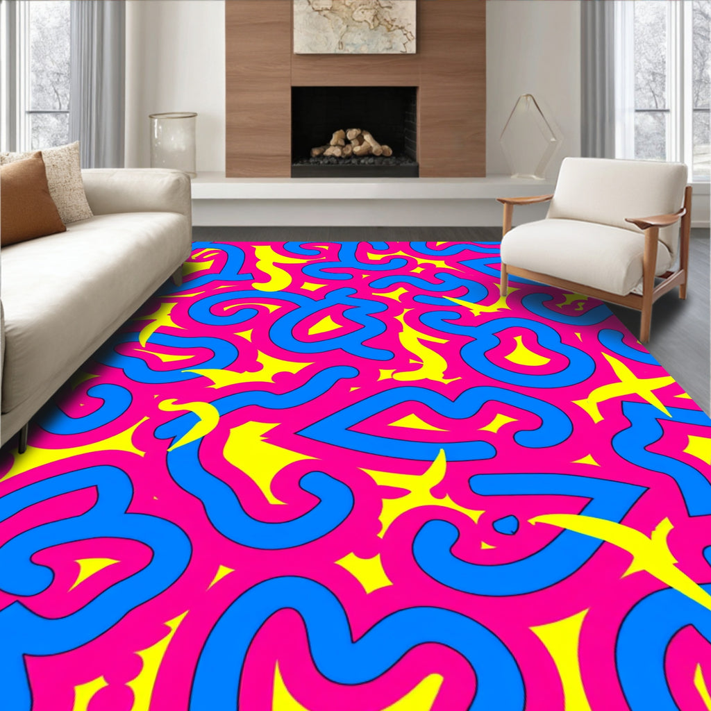 Vibrant Pink Blue Yellow Swirls Rug