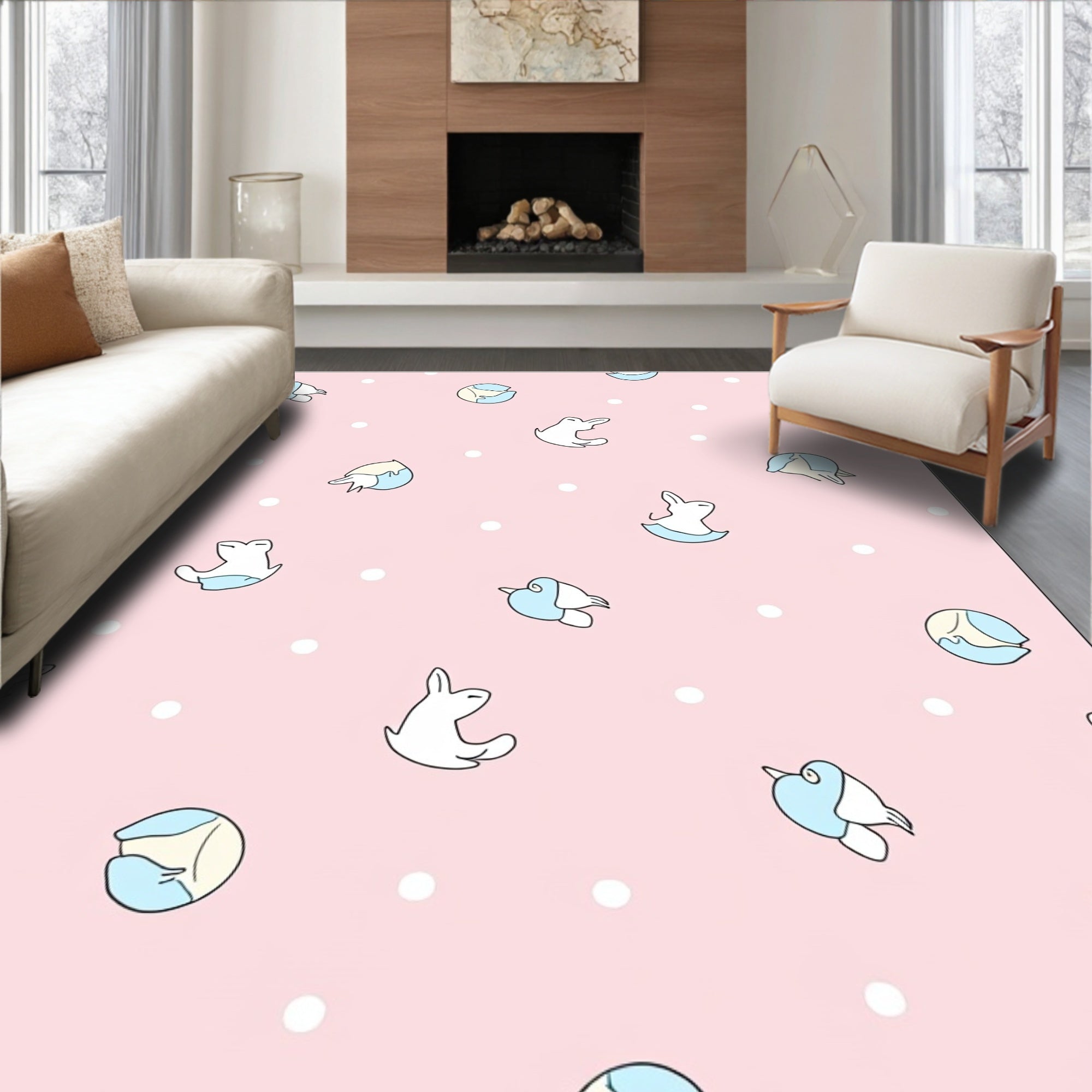 Pink Pastel Bunny Bird Dotground Rug