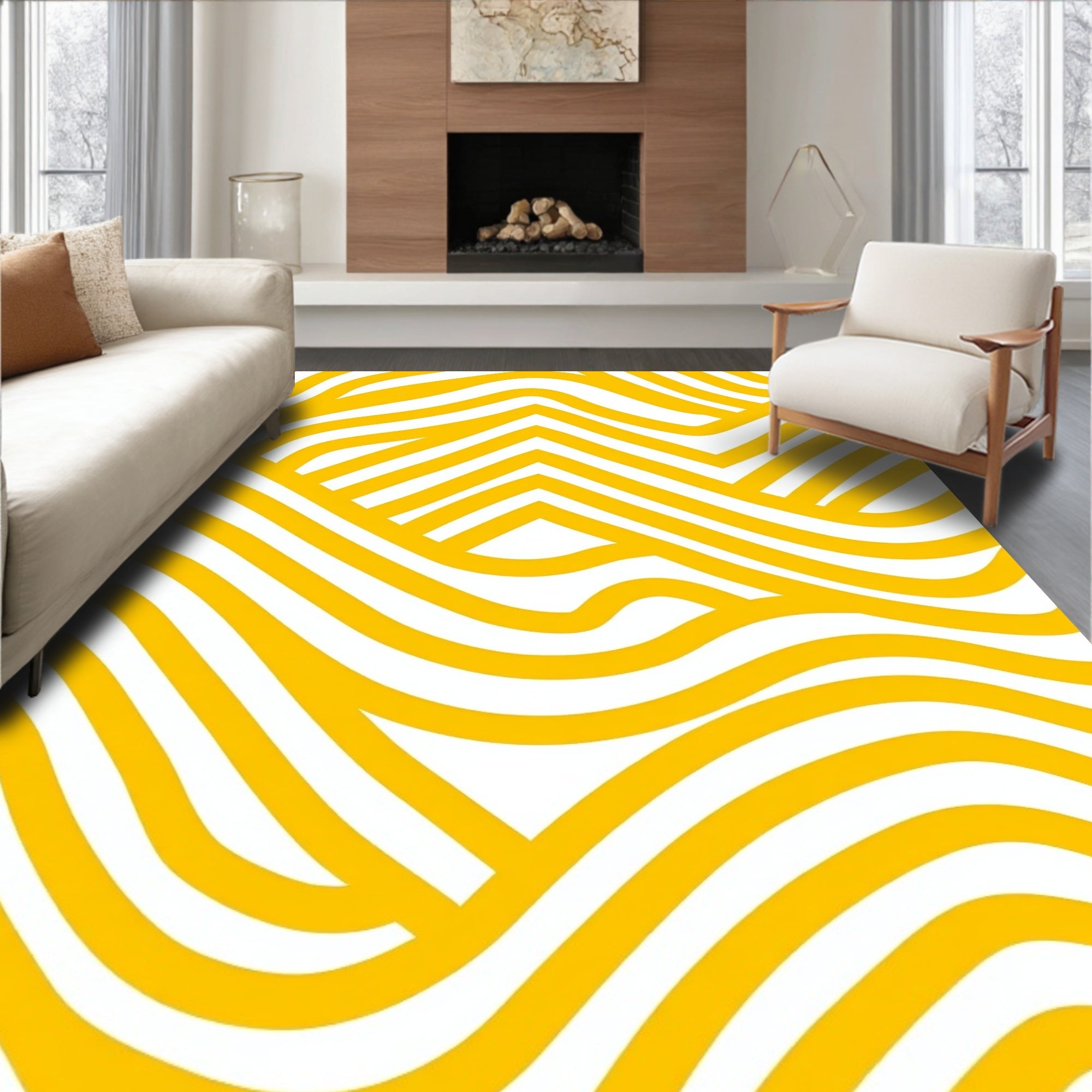 Golden Yellow Abstract Wavy Stripes Rug