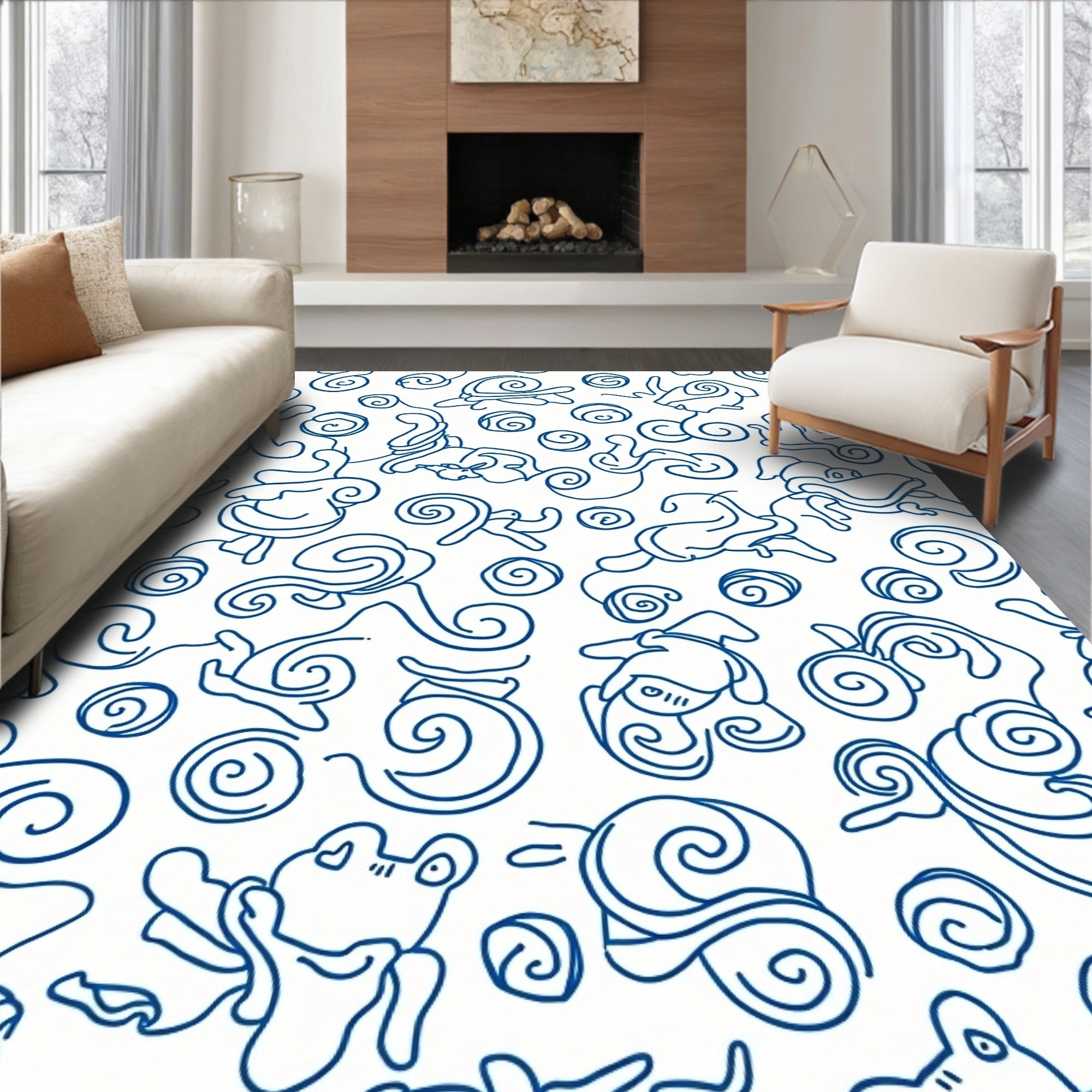Whimsical Blue Snail Swirl Line Art Rug