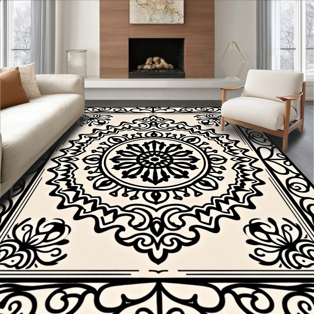 Cream Black Intricate Floral Medallion Rug