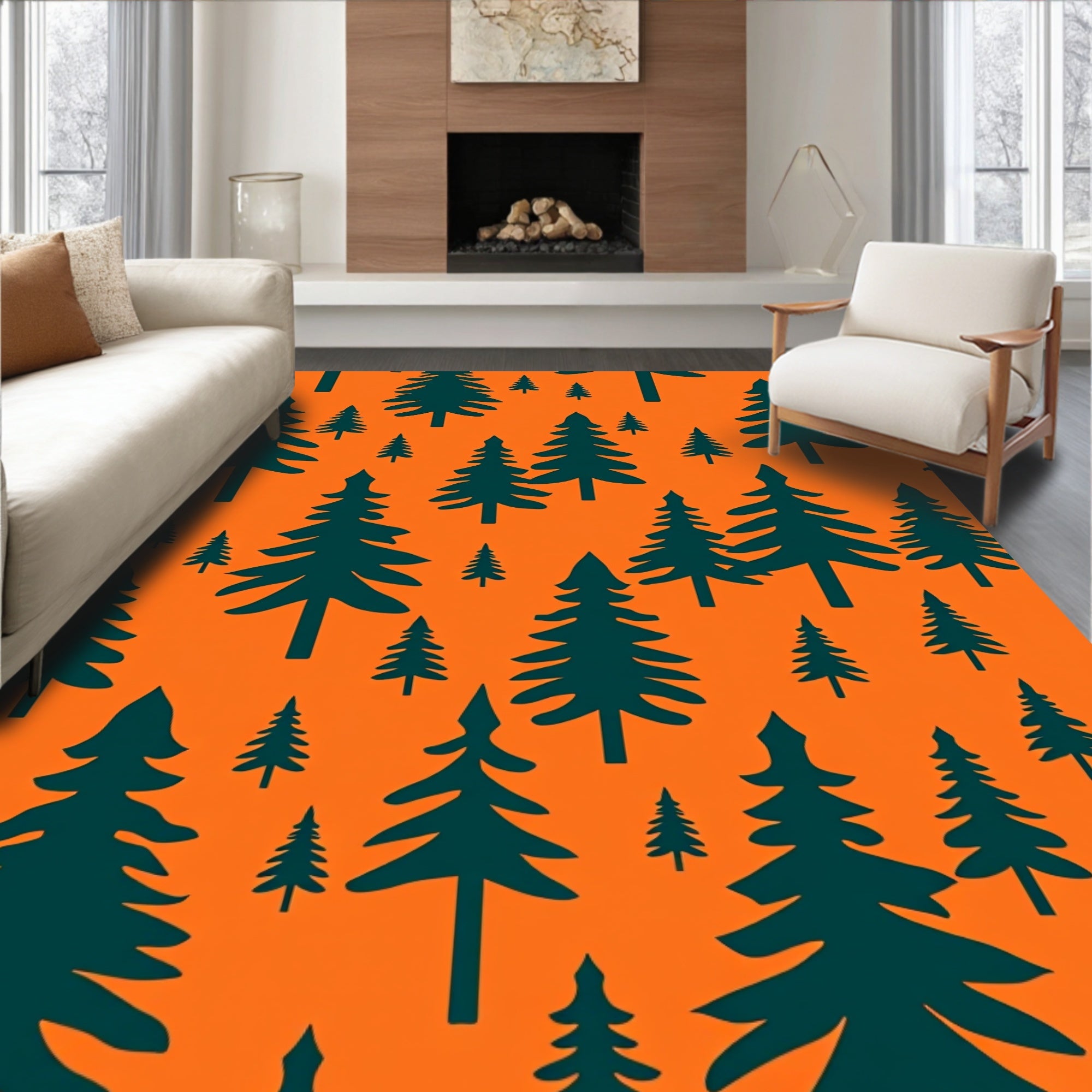 Forest Green Pine Trees Orange Rug