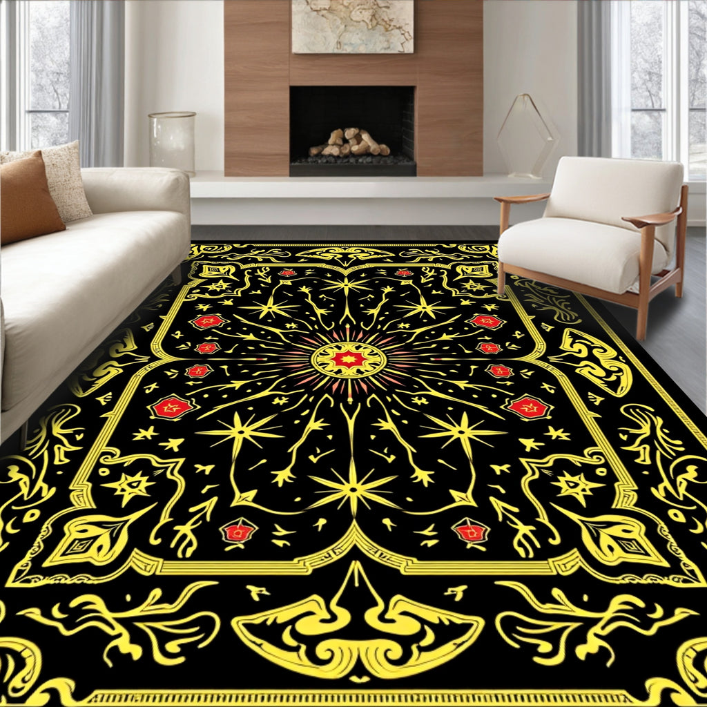 Radiant Sun Yellow Red Black Medallion Rug