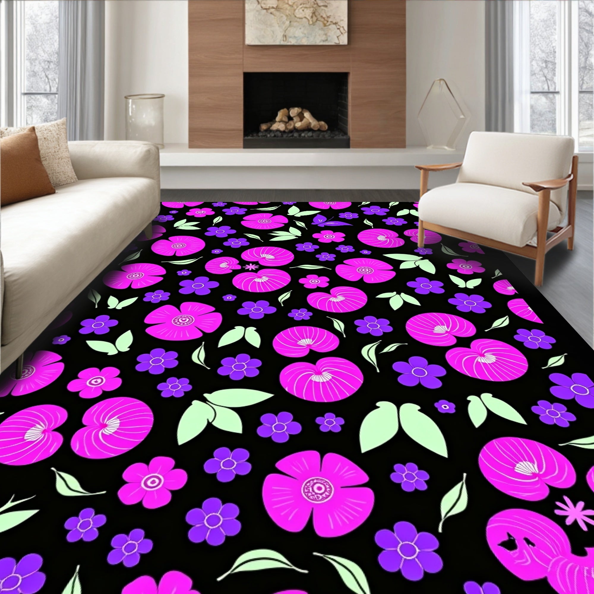 Bold Fuchsia Floral Butterfly Garden Rug