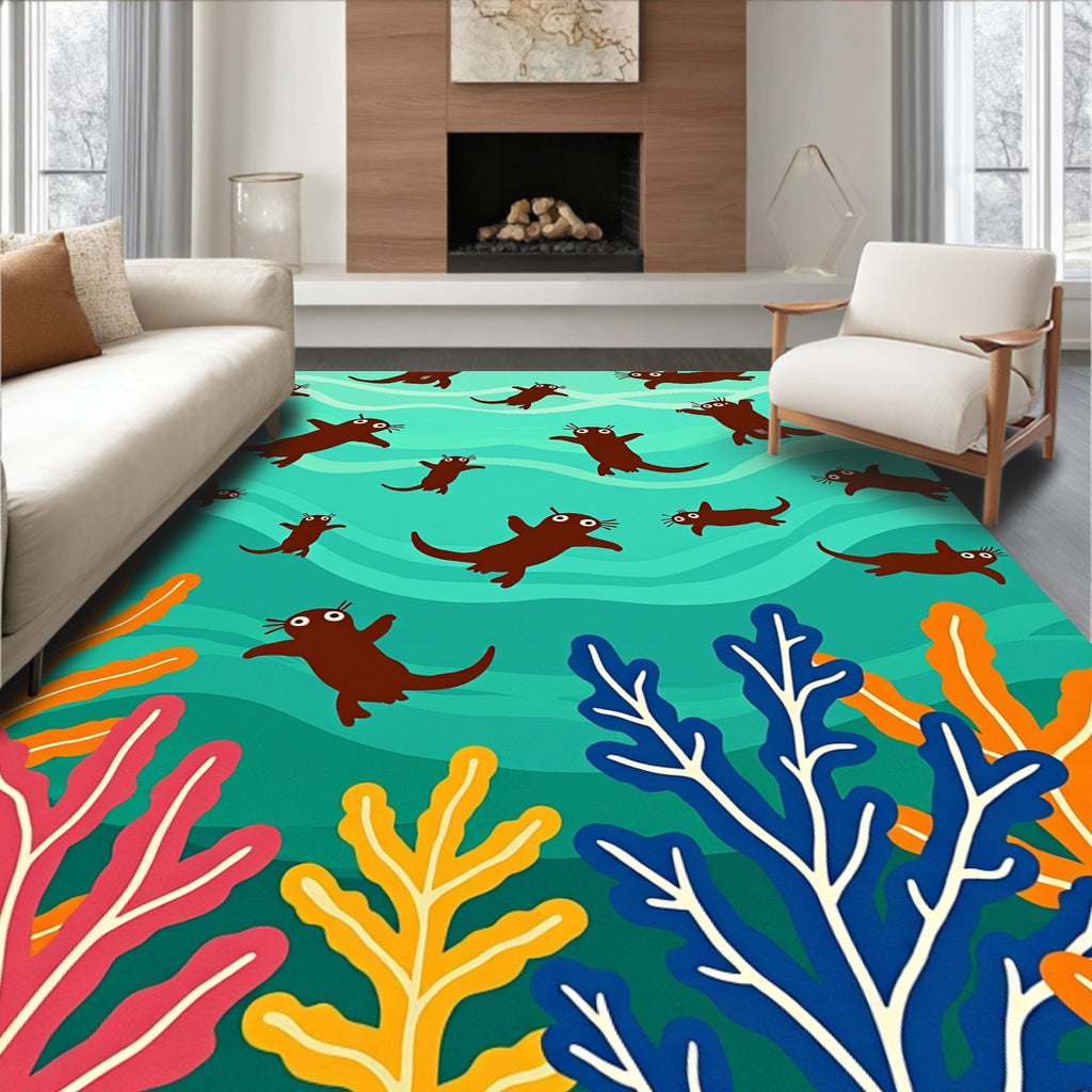 Playful Brown Otters Underwater Coral Garden Rug