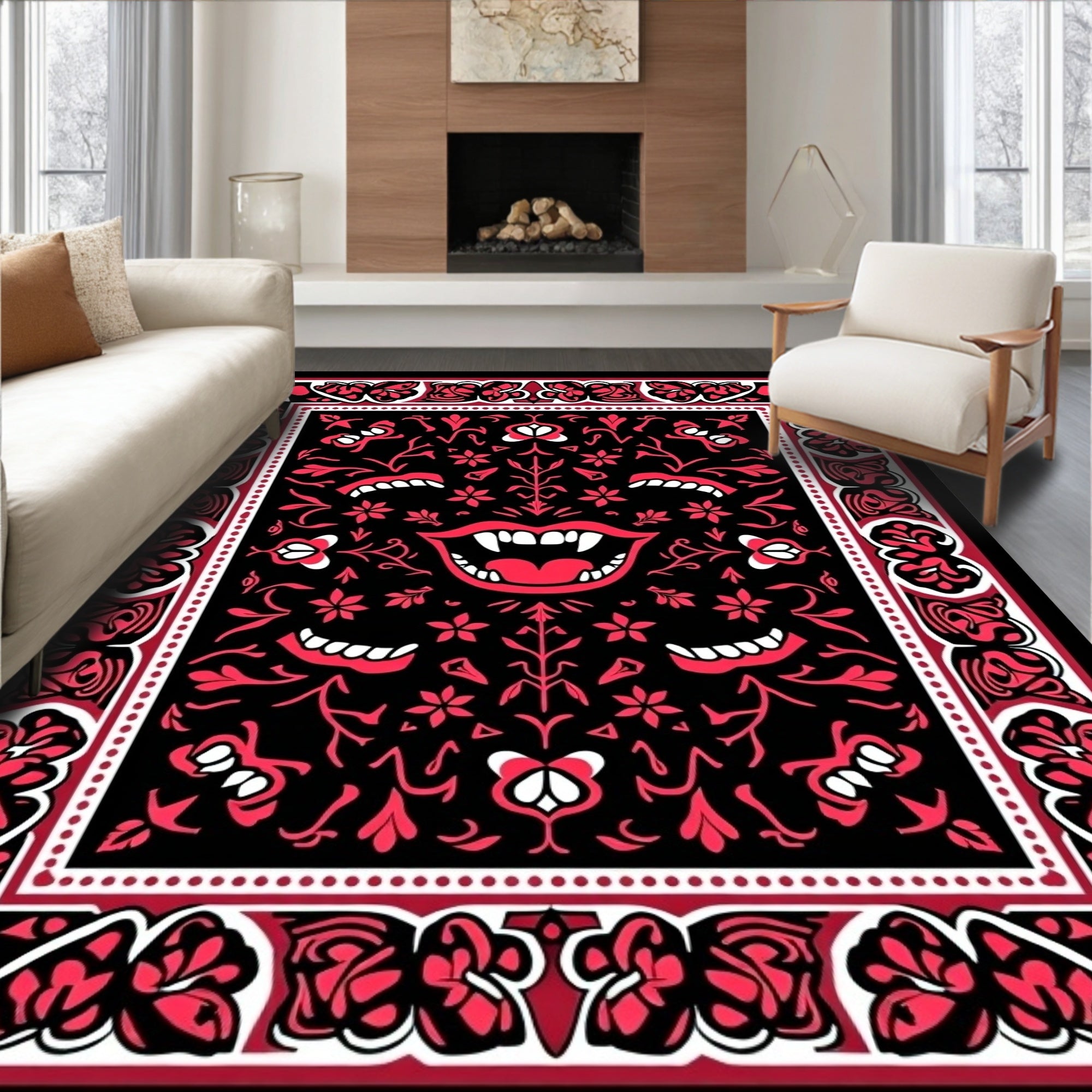 Crimson Red Vampire Mouth Floral Rug