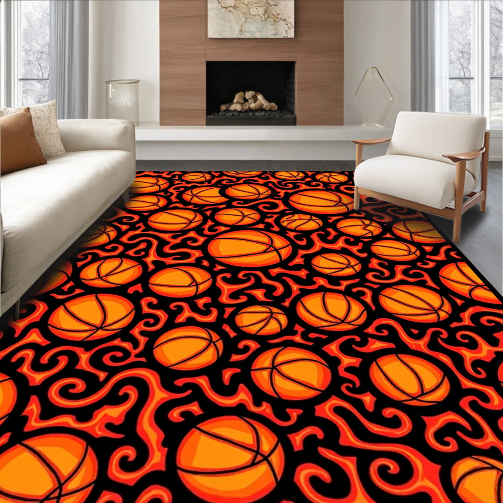 Fiery Orange Basketball Swirls Rug