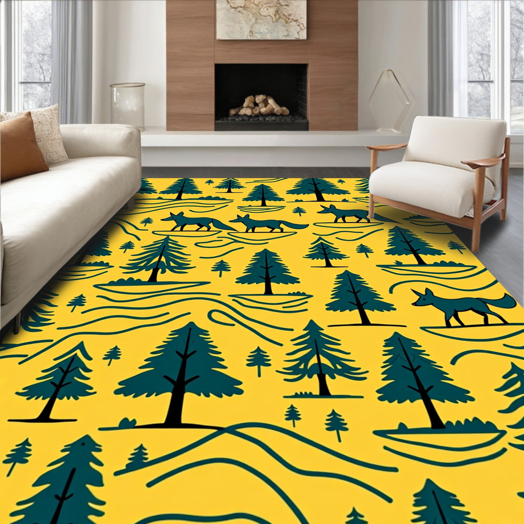 Woodland Forest Foxes Yellow Rug
