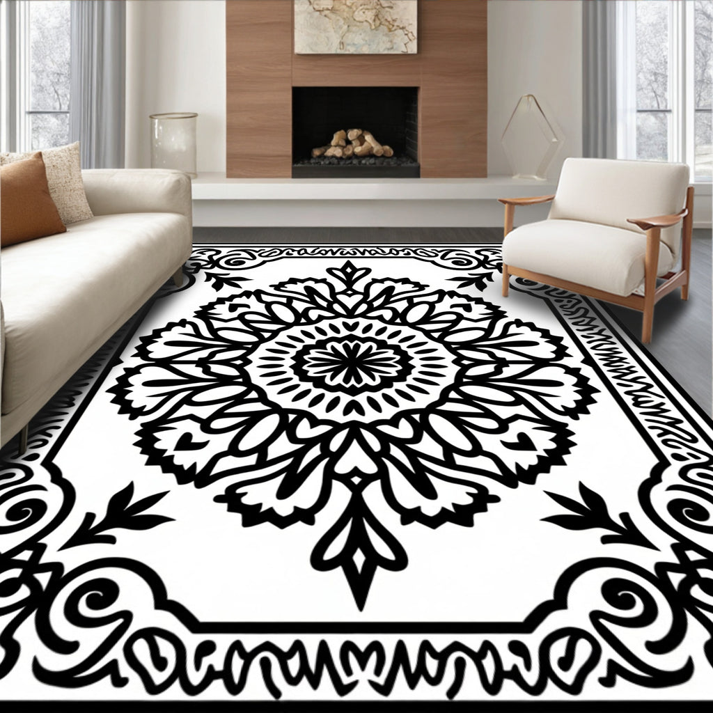 Black Floral Medallion Square Frame Rug