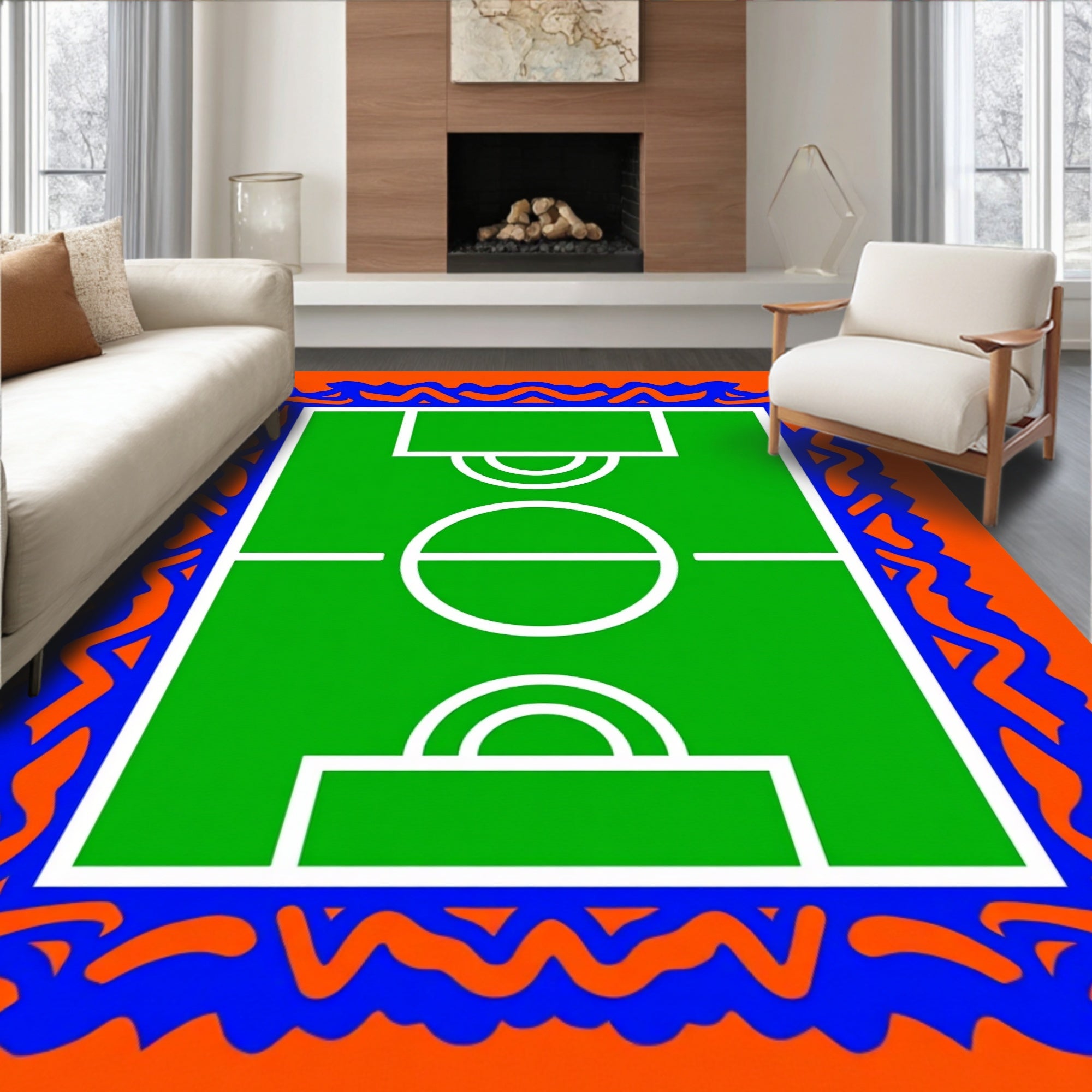 Green Football Field Orange Blue Border Rug