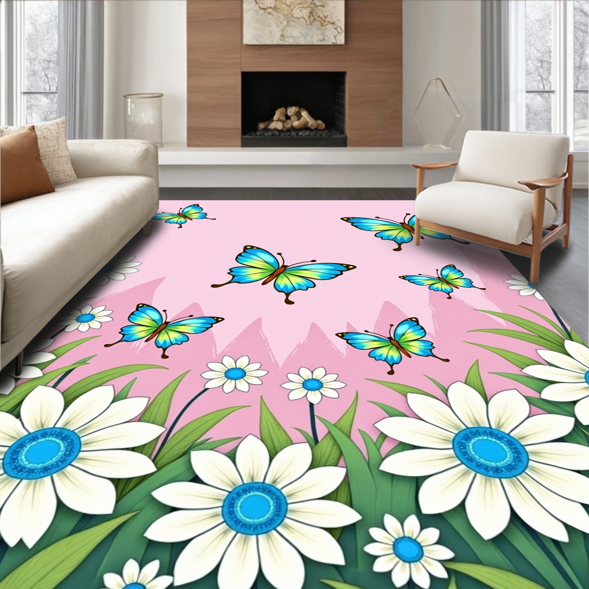 Whimsical Blue Butterfly Garden Scene Rug
