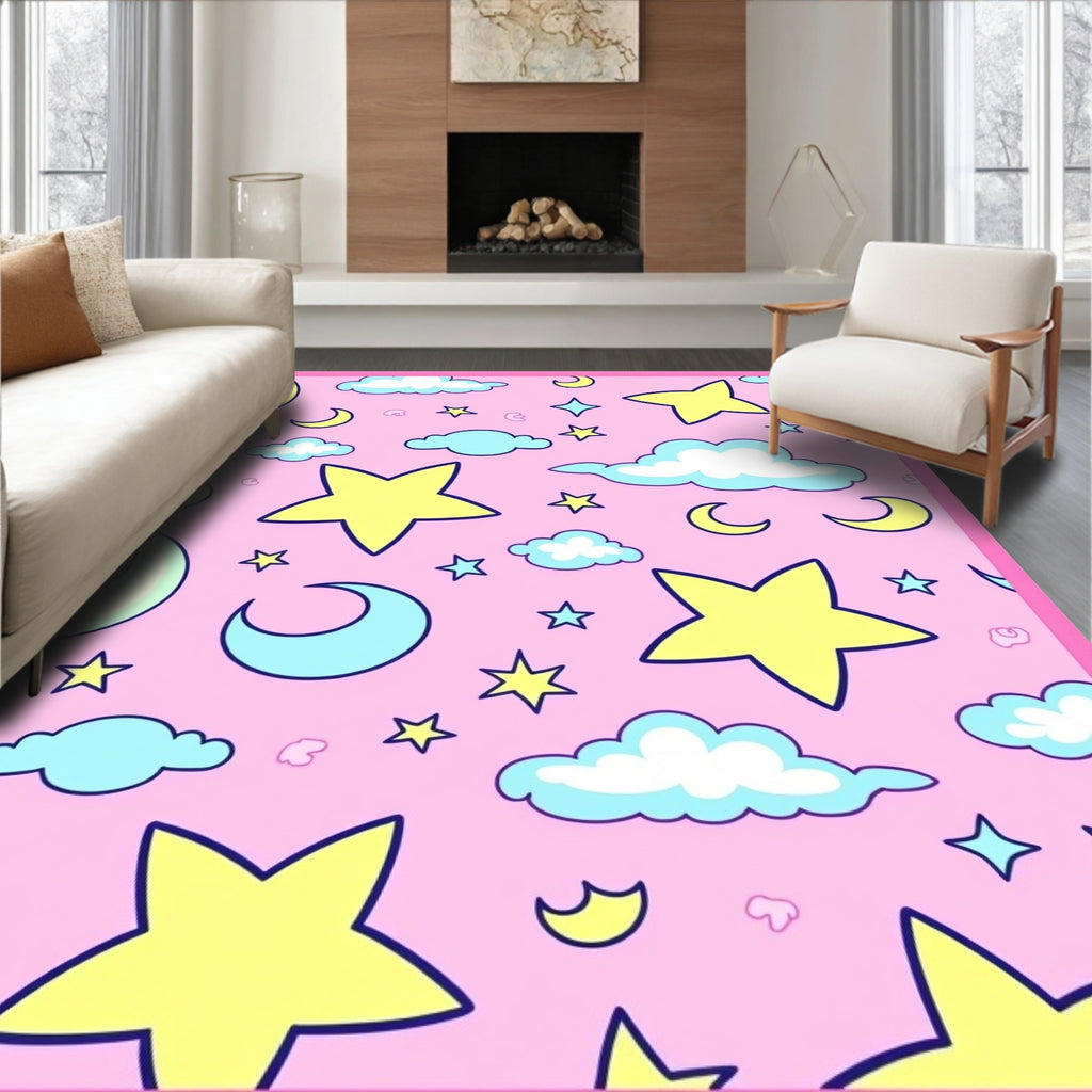 Pink Sky Stars Moon Clouds Rug