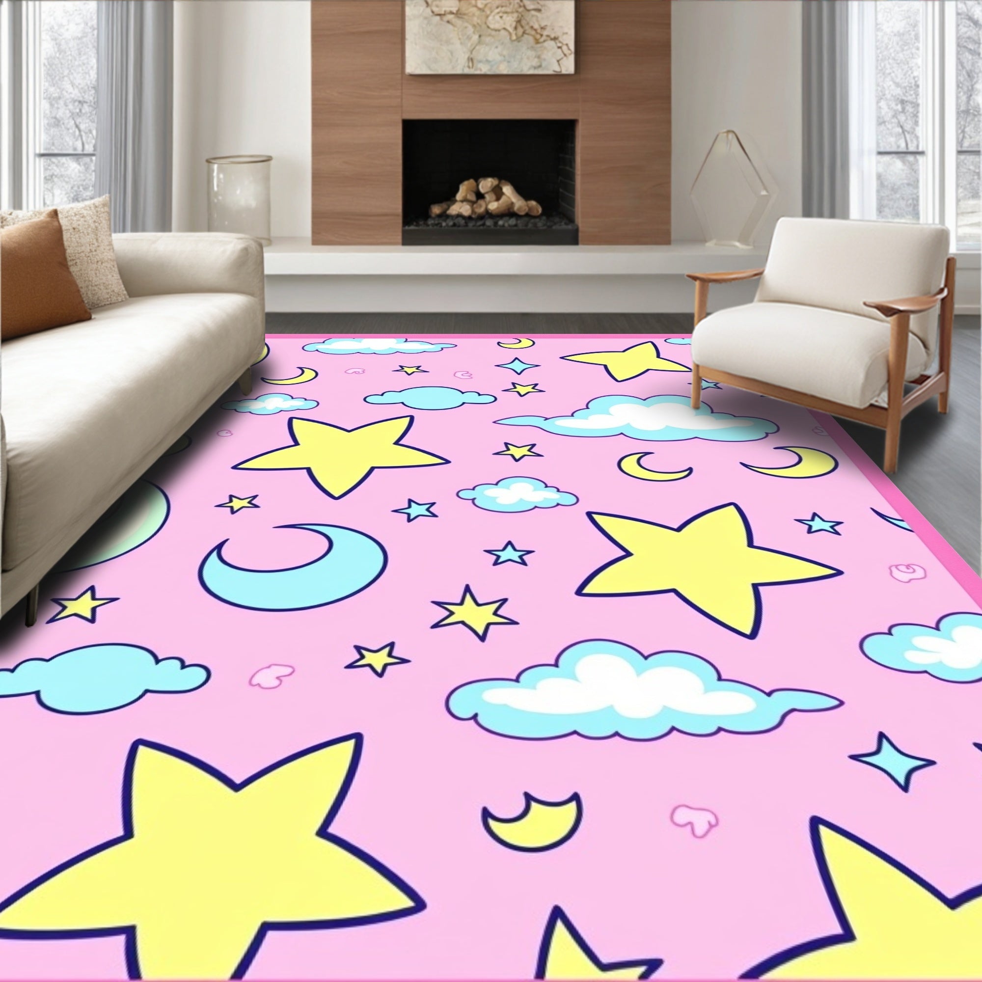 Pink Sky Stars Moon Clouds Rug