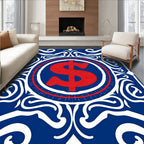 Bold Red Dollar Emblem Blue Swirls Rug
