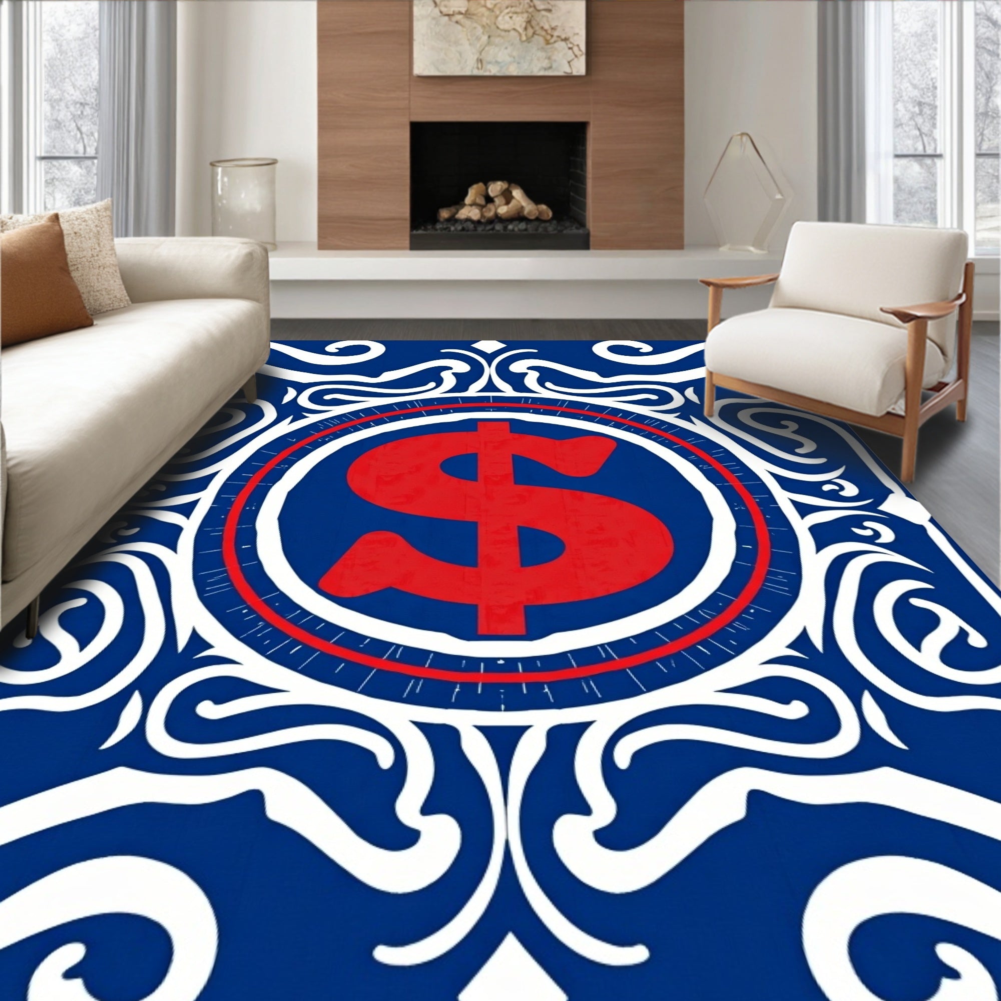 Bold Red Dollar Emblem Blue Swirls Rug