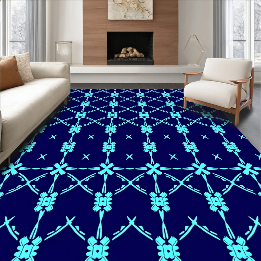 Cyan Lattice Floral Scroll Rug