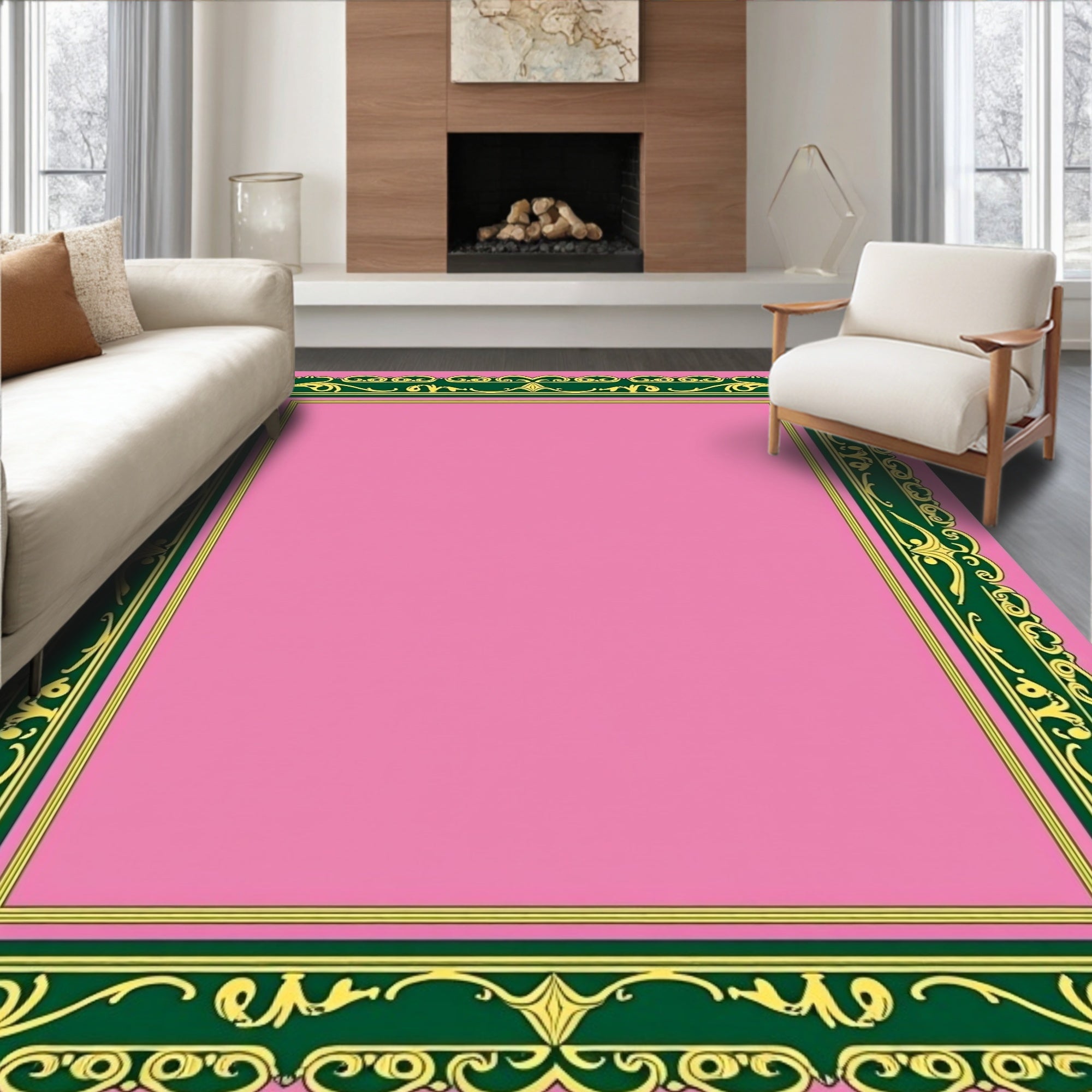 Ornate Pink Green Gold Border Rug