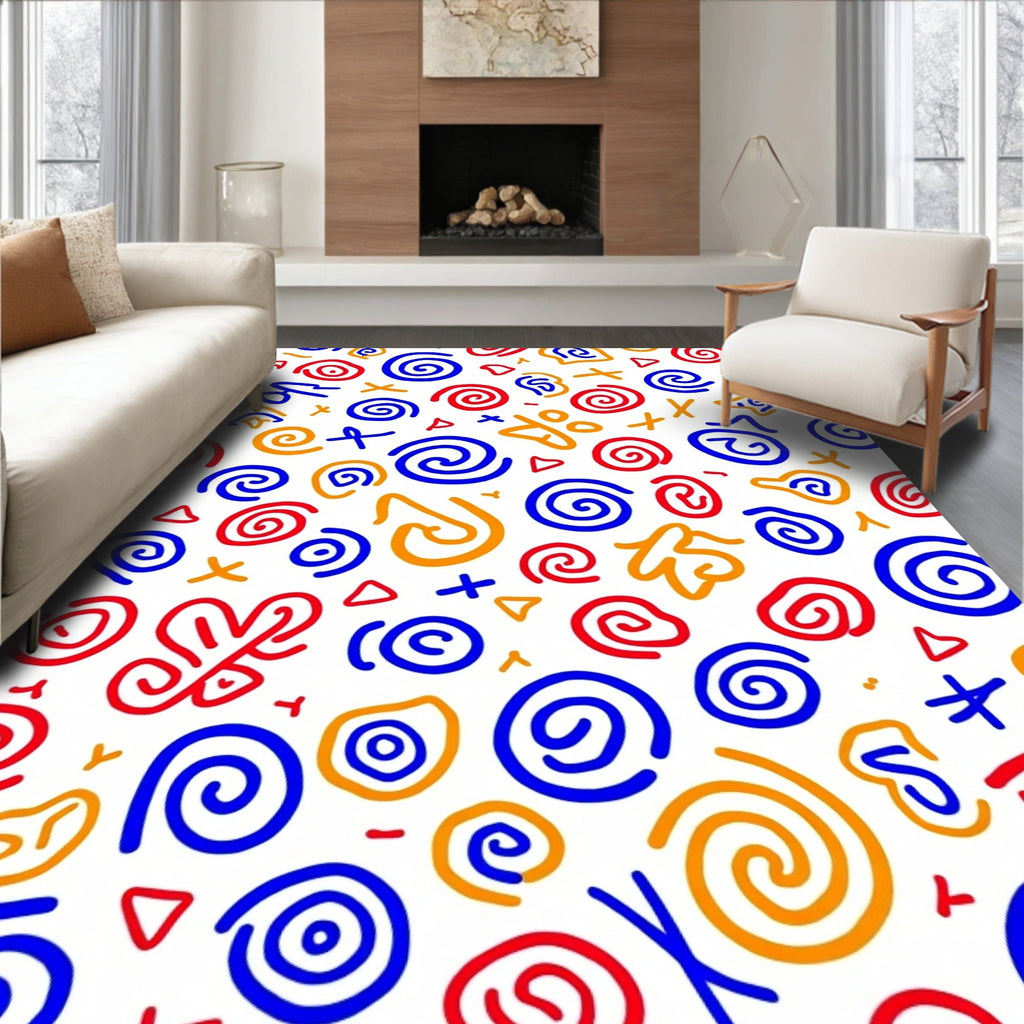 Playful Red Blue Orange Swirls Rug