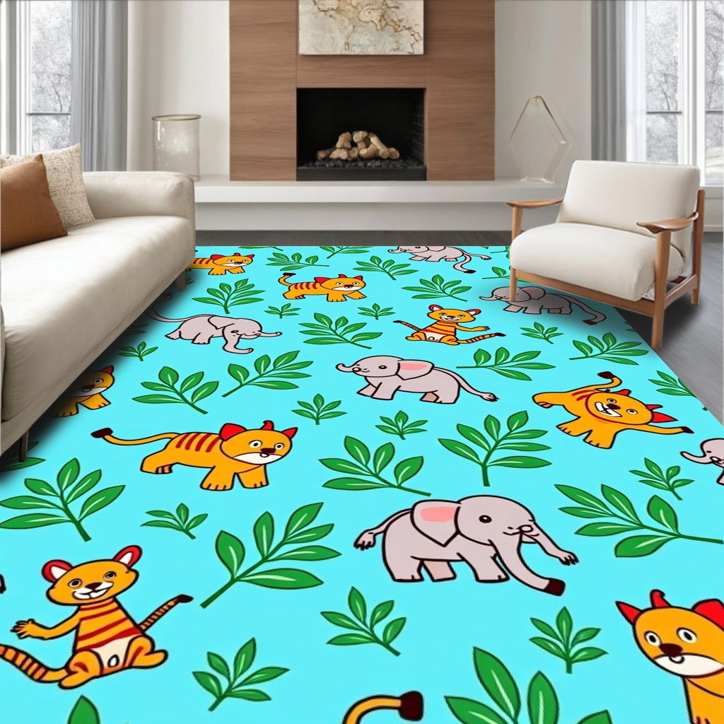 Cute Elephants Tigers Green Leaves Rug