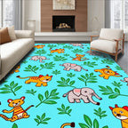 Cute Elephants Tigers Green Leaves Rug
