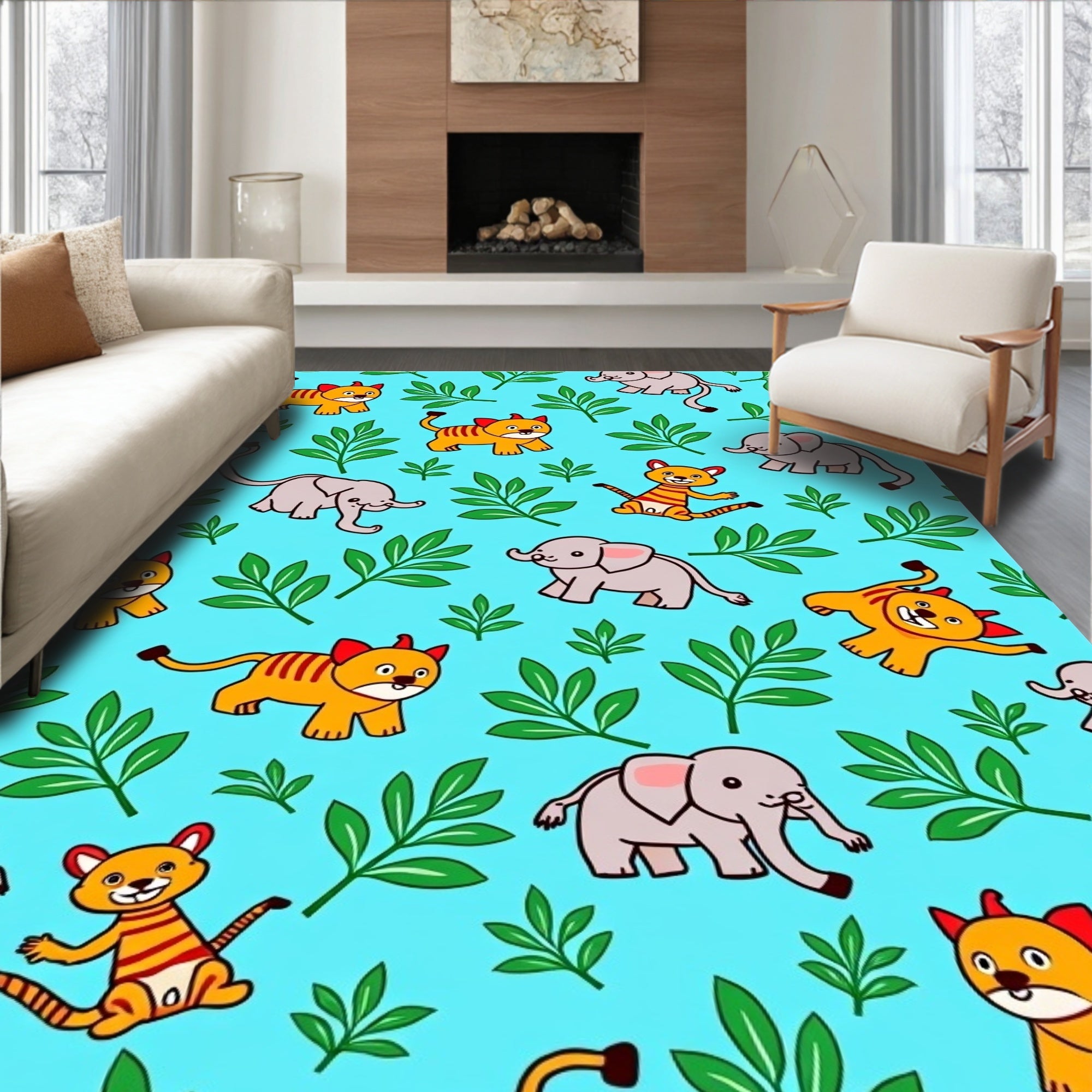 Cute Elephants Tigers Green Leaves Rug