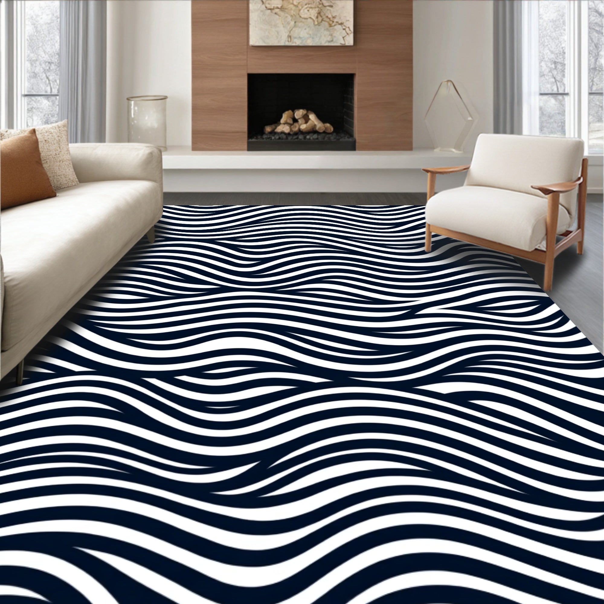 Ink Black White Flowing Waves Rug