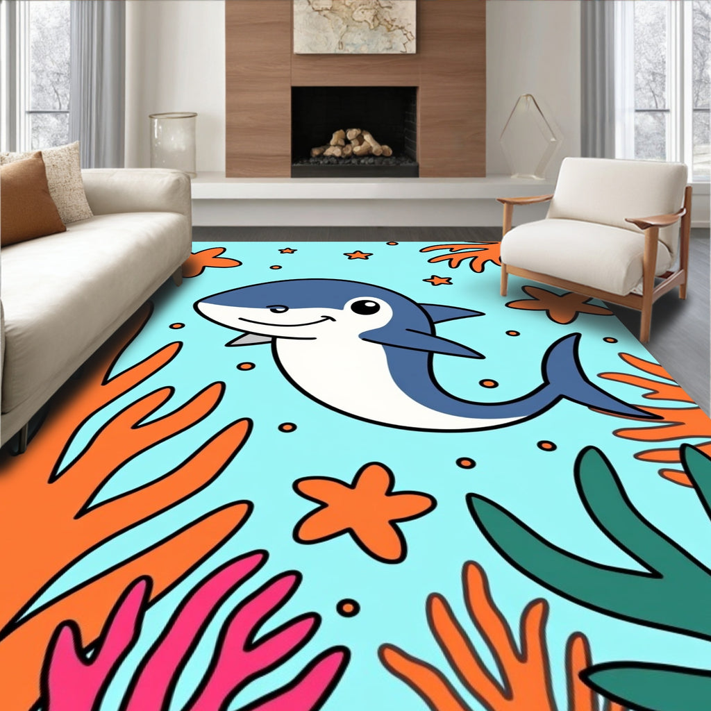 Happy Blue Shark Coral Reef Rug