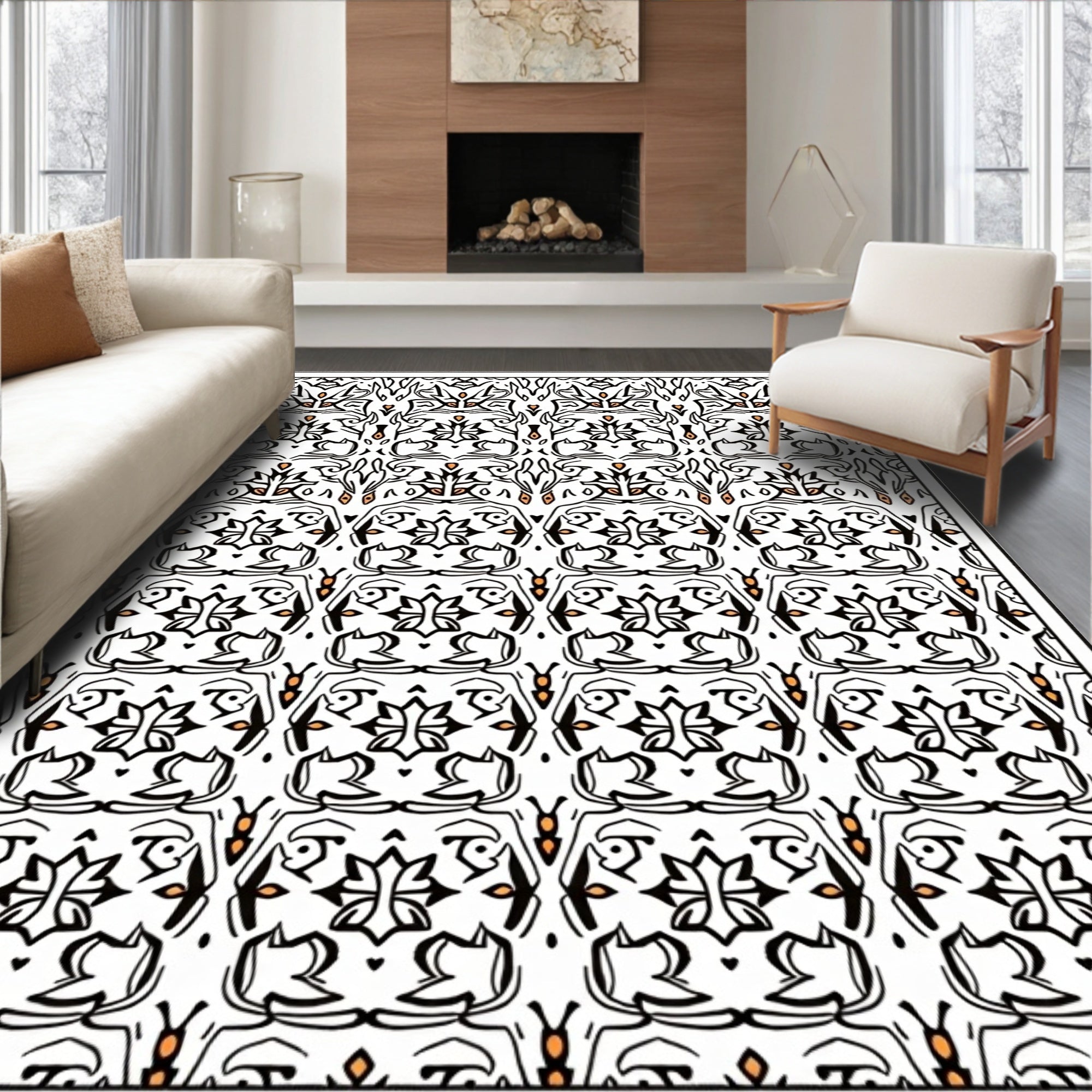 Black White Orange Floral Medallion Rug