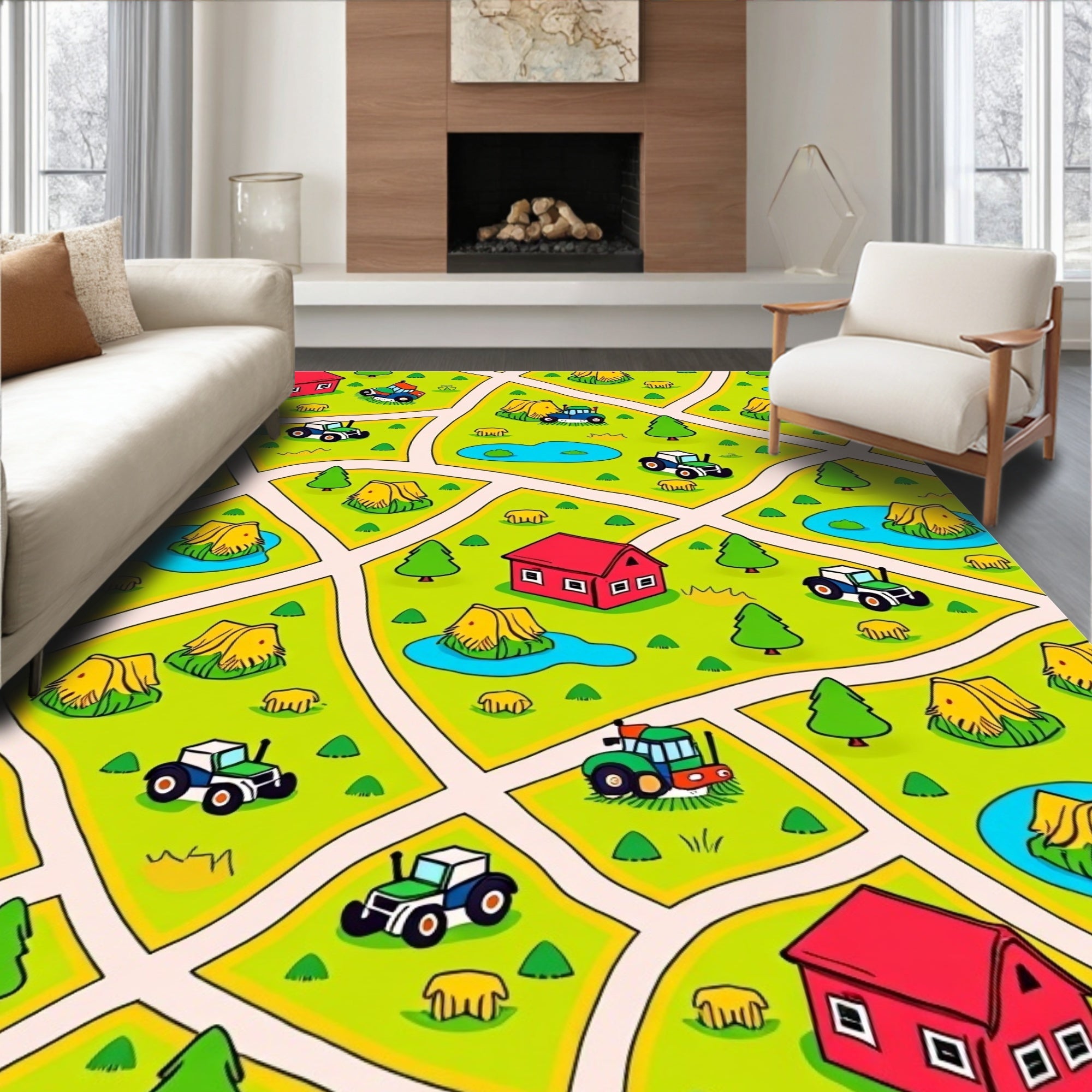 Whimsical Farm Landscape Tractors and Houses Rug