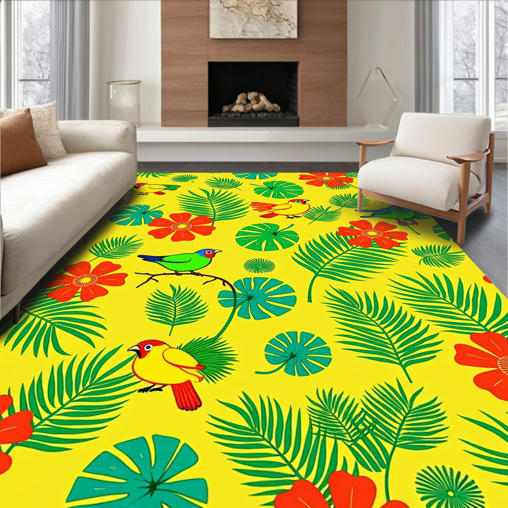 Tropical Birds Red Flower Foliage Rug